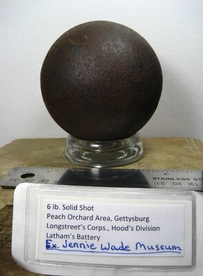 JUST ADDED ON 8/22 - VERY RARE SIX POUND SOLID SHOT CANNON BALL RECOVERED AT GETTYSBURG / LATHAM'S CONFEDERATE BATTERY - With Original Provenance Letter JUST ADDED ON 8/22 - VERY RARE SIX POUND SOLID SHOT CANNON BALL RECOVERED AT GETTYSBURG / LATHAM'S CONFEDERATE BATTERY - With Original Provenance Letter