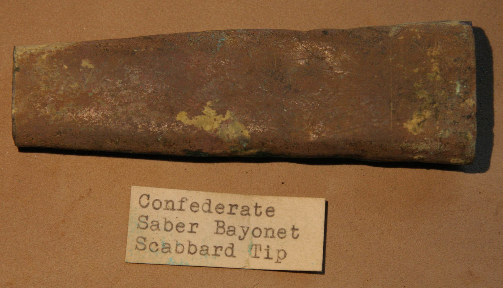 JUST ADDED ON 10/6 - THE BATTLE OF SPOTSYLVANIA - LAUREL HILL - Large Sword Bayonet Scabbard Tip with Leather - with ORIGINAL COLLECTION LABEL plus a copy of the original location label RG-SLH06