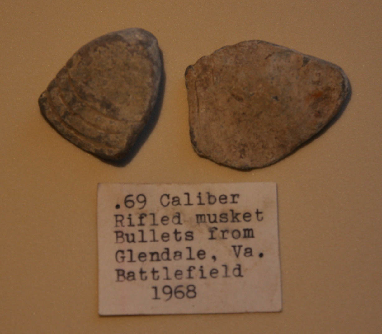 JUST ADDED ON 10/13 - THE BATTLE OF GLENDALE - 2 .69 Caliber Bullets - Found in 1968 - with ORIGINAL COLLECTION LABEL RG-GL01