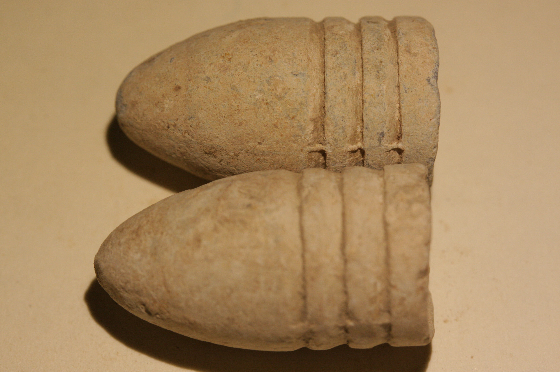 JUST ADDED ON 11/30 - THE BATTLE OF MONOCACY / AREA NE OF BLOCK HOUSE HILL - Two Droppped Bullets, One with Unusual Skirt, Recovered in 1970 - from a Relic Hunter's Old Boxed Collection EG-MCYX05