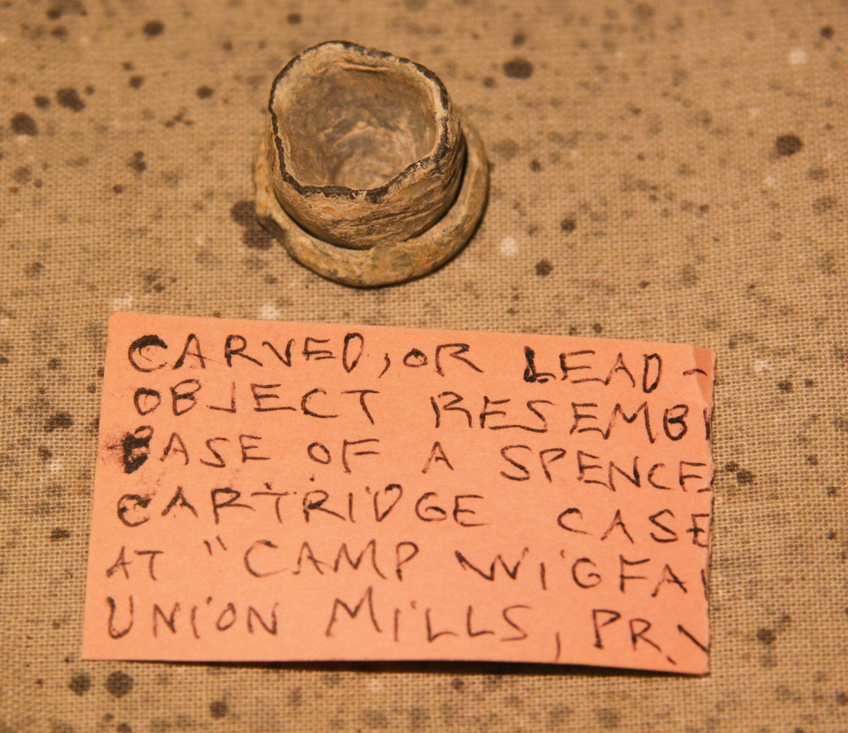 JUST ADDED ON 5/16 - CONFEDERATE CAMP WIGFALL, MANASSAS, VIRGINIA - Unusual Carved Bullet / Lead Item with Relic Hunter's Original Label A-HS05