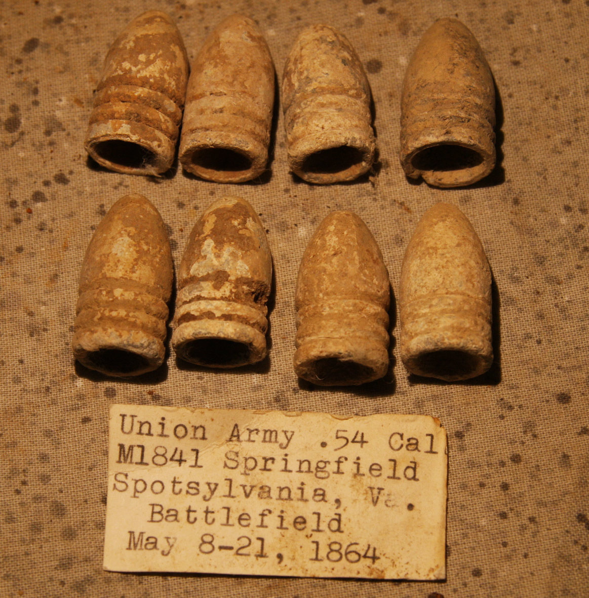 JUST ADDED ON 5/20 - THE BATTLE OF SPOTSYLVANIA / LAUREL HILL - Eight .54 Caliber Bullets with Original Collector's Typed Label RG-SP301