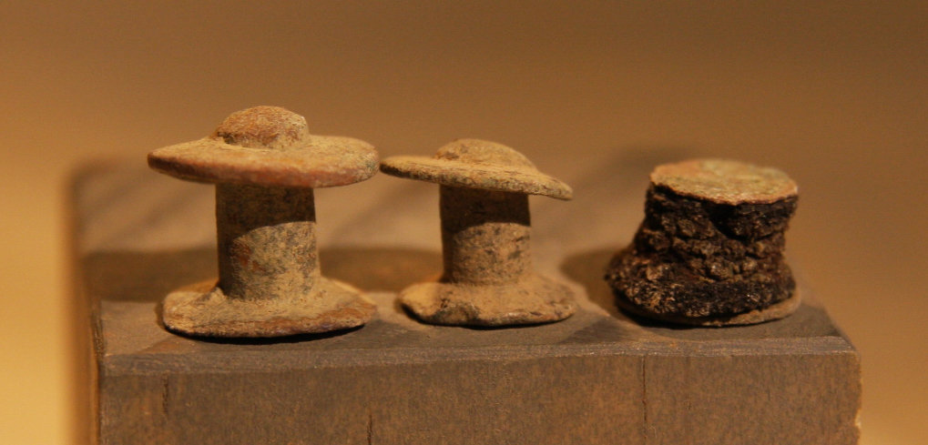JUST ADDED ON 10/8 - THE BATTLE OF ANTIETAM / MILLER'S CORNFIELD - Three Brass Accoutrement Studs - 1 with Leather Attached - Found between 1975 and 1979 A-MC72