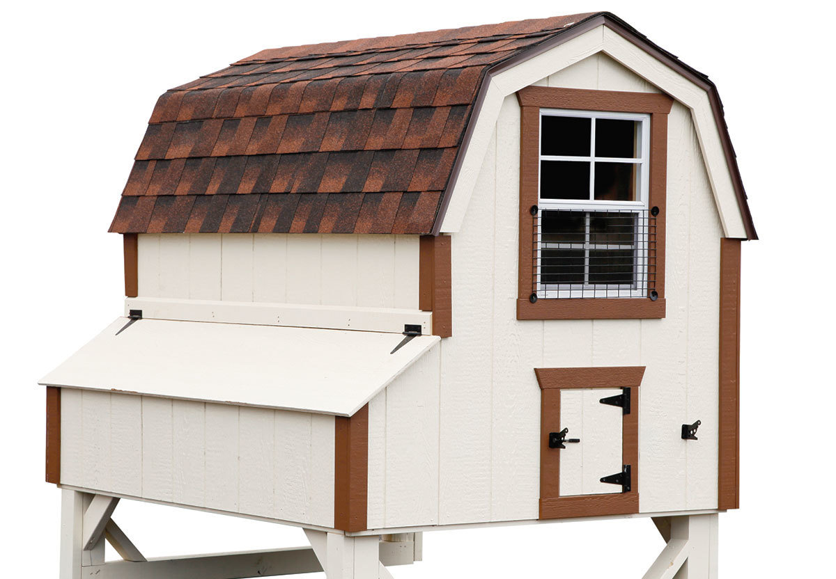 Dutch style coop painted white with brown trim