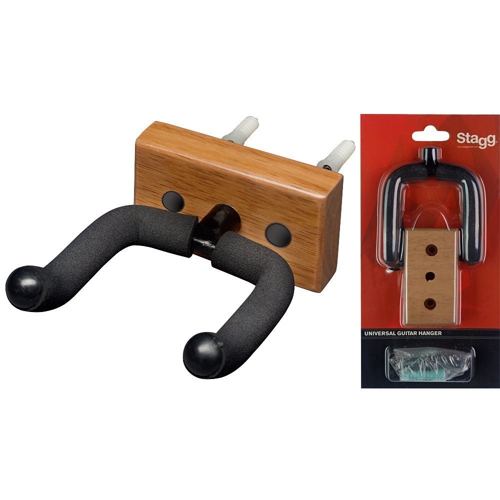 Stagg GUH-WN Wall Mounted Guitar Holder with Rectangular Wooden Base - Black 00117