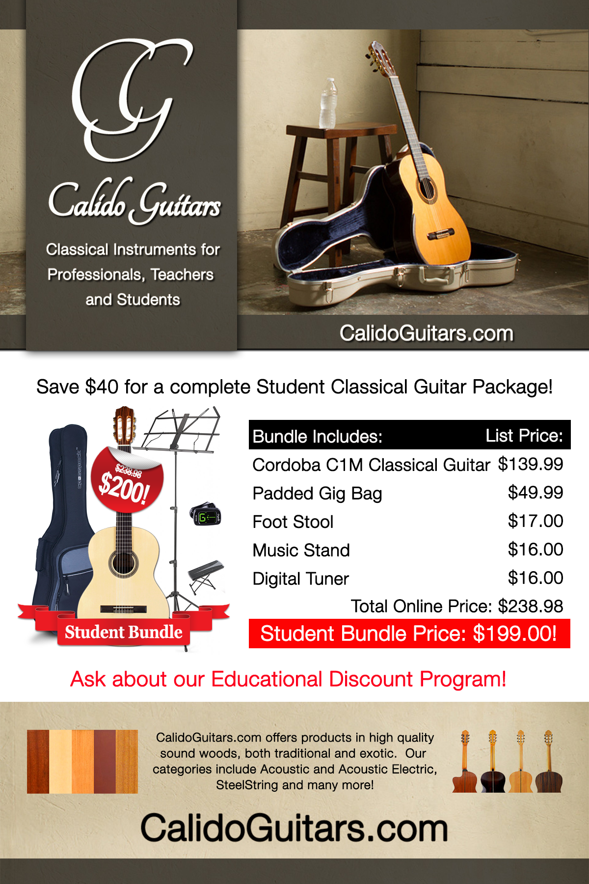 Calido Student Package - Classical Guitar - ¾ Size 00038