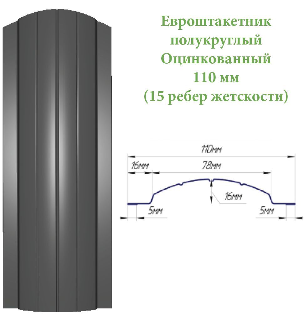 Евроштакетник оцинкованный полукруглыый 11870