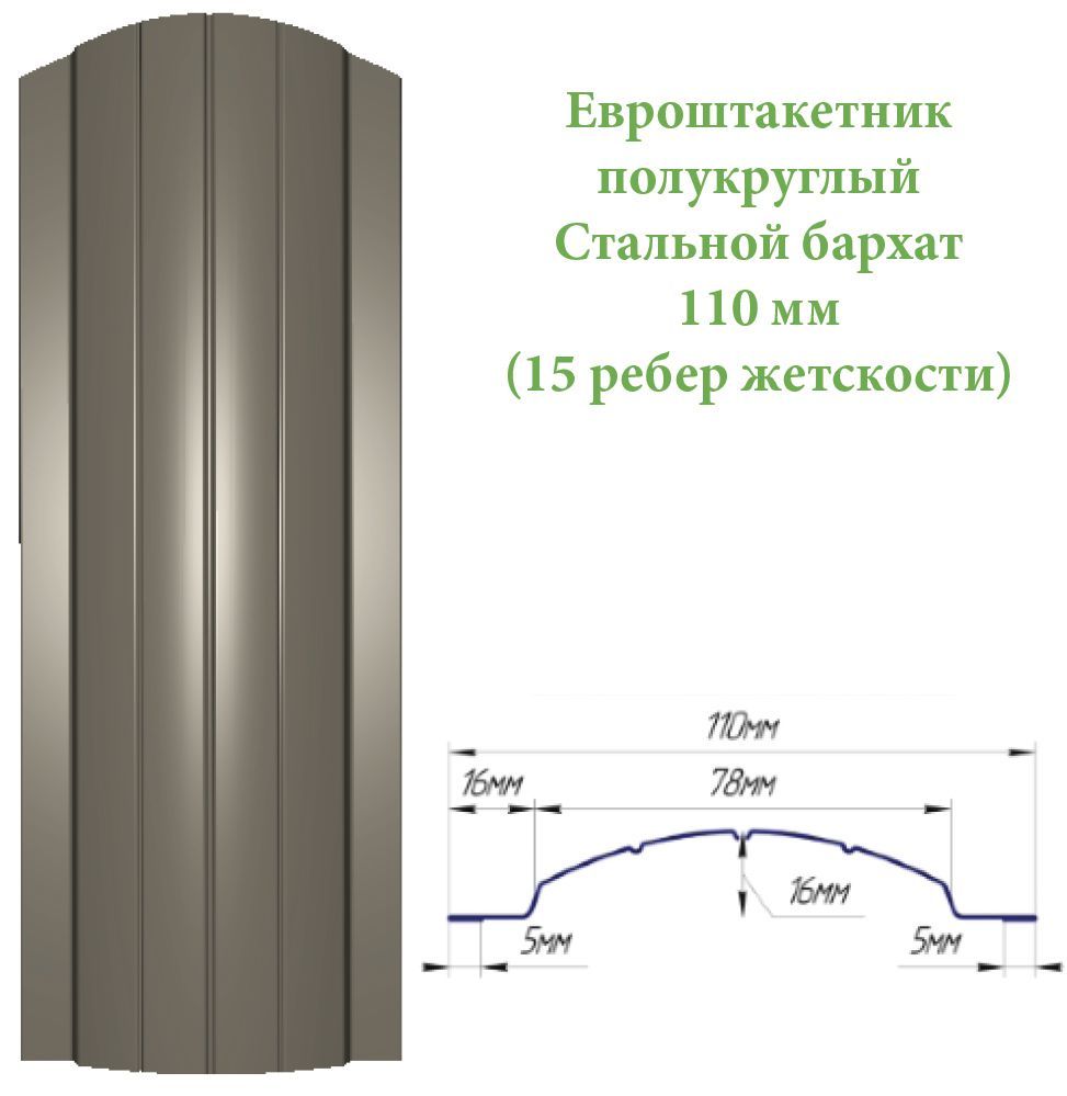 Евроштакетник стальной бархат полукруглый 11874