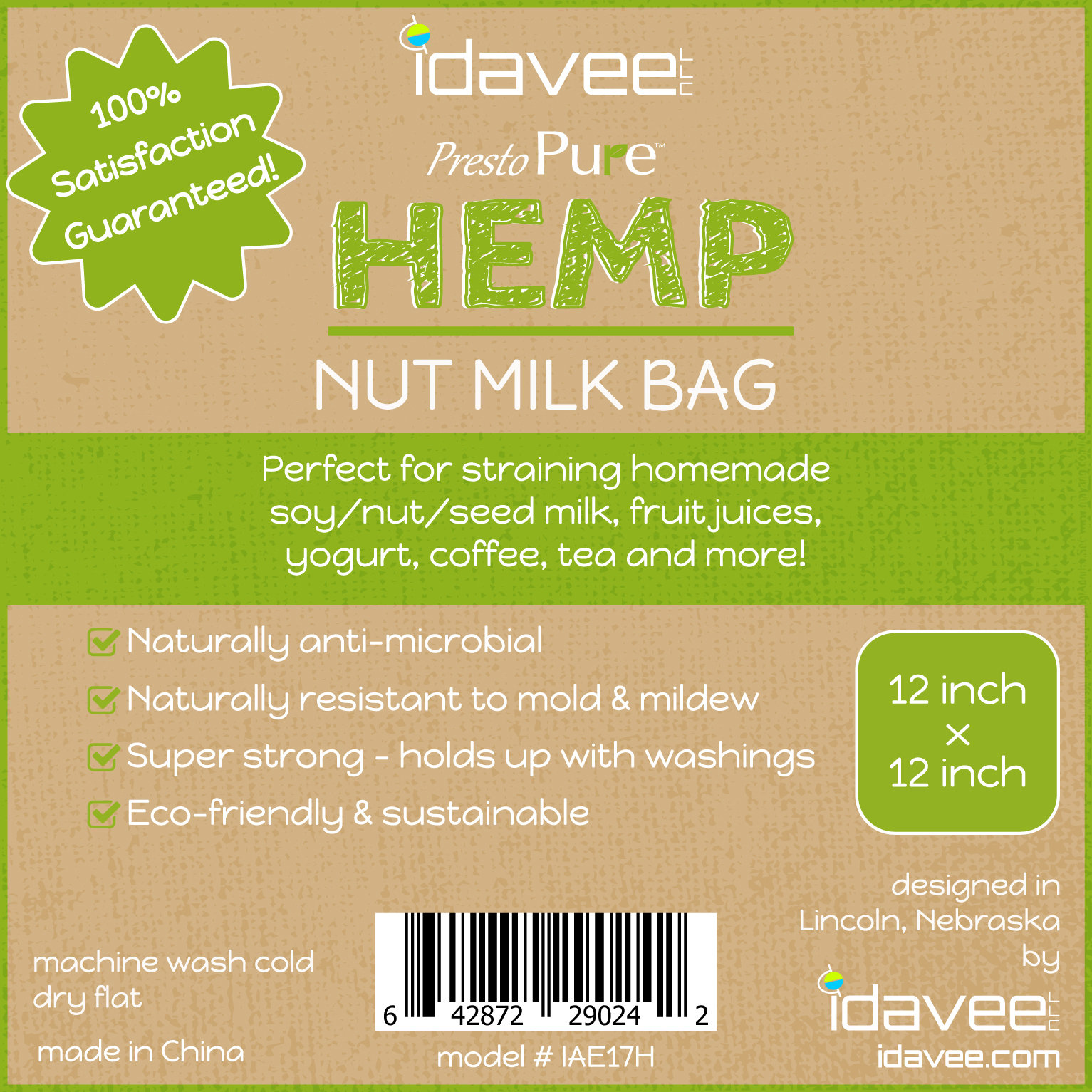 Idavee Brand Presto Pure IAE17H 12x12" Reusable Hemp Straining Bag Idavee Brand Presto Pure IAE17H 12x12" Reusable Hemp Straining Bag