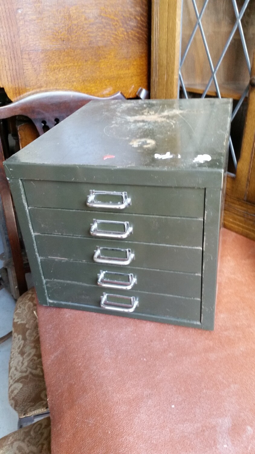 Vintage Bisley Metal 5 Drawer Desktop Table Top Filing Cabinet