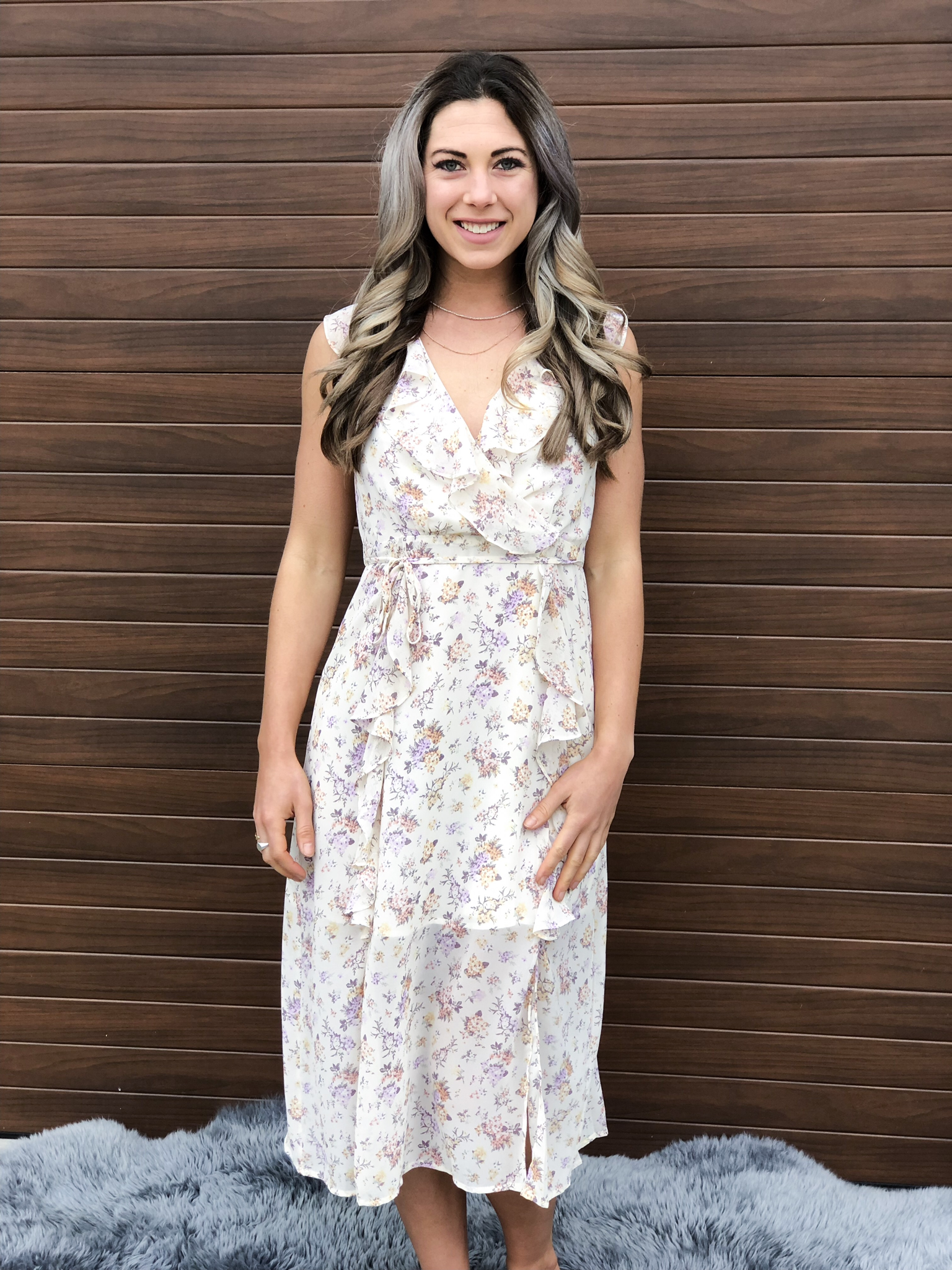 Ivory Purple Pink Ruffle Front Dress 82019