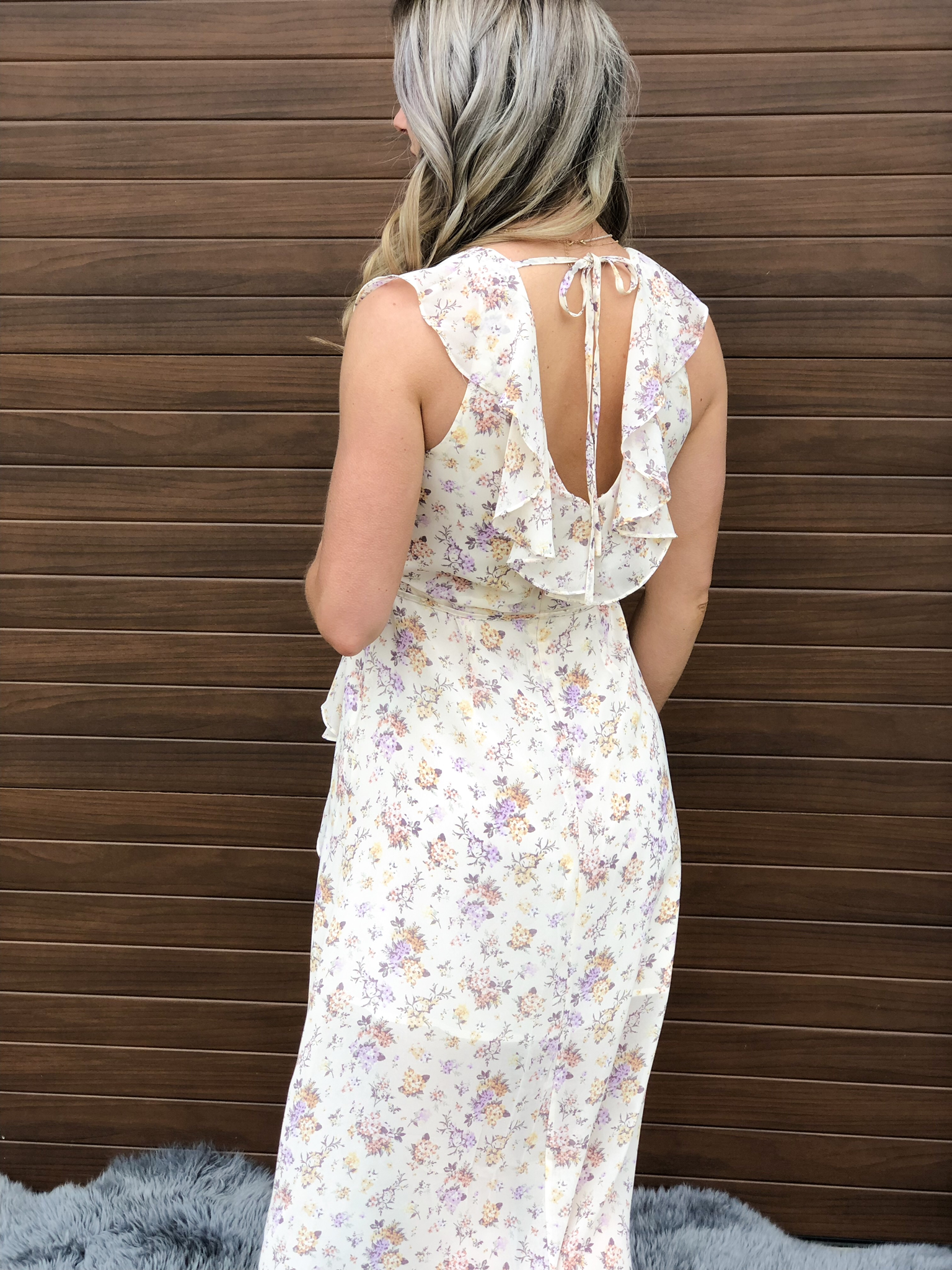 Ivory Purple Pink Ruffle Front Dress