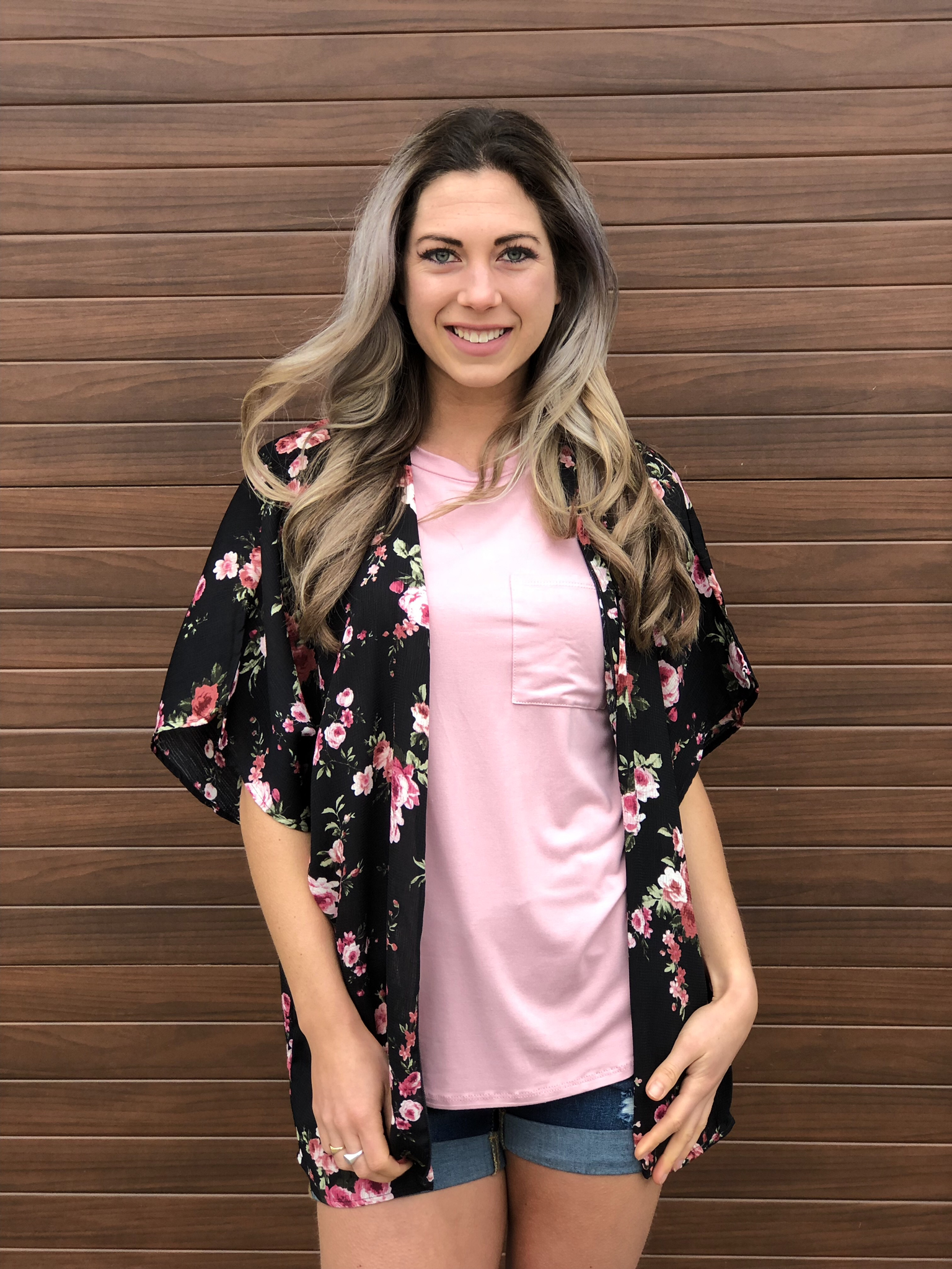 Black Pink Floral Kimono 81995