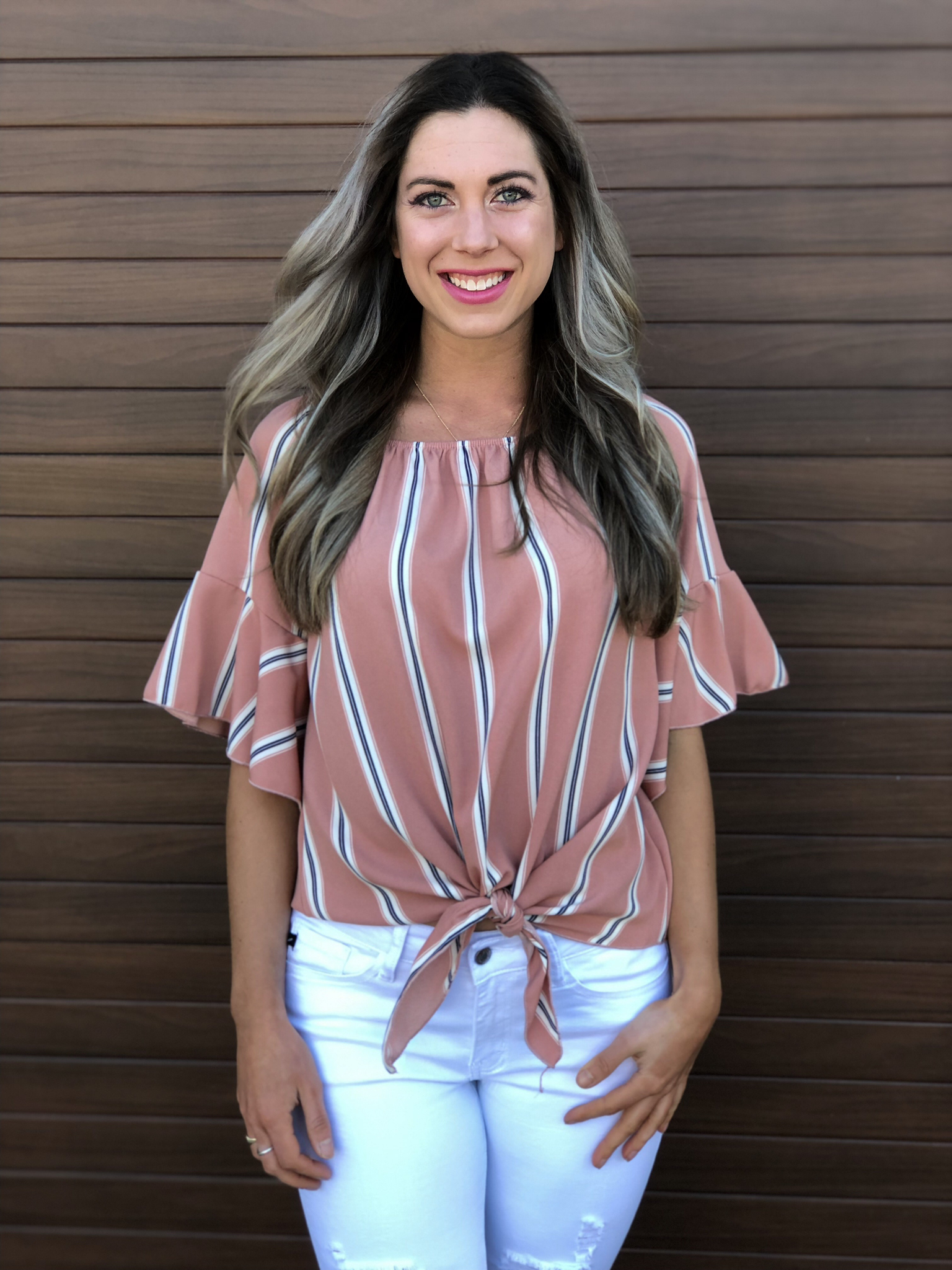 Coral Stripe Front Tie Top 82083