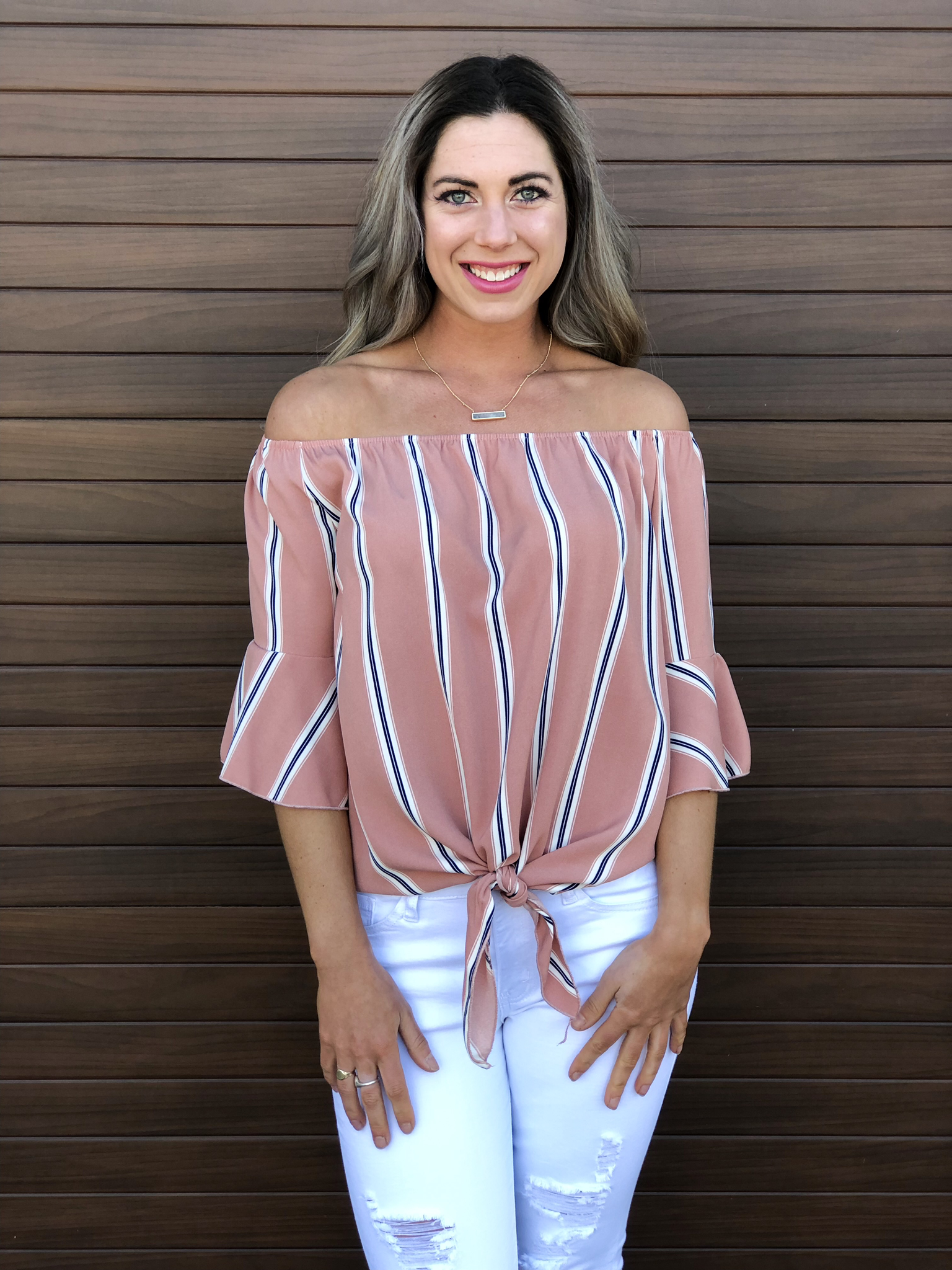 Coral Stripe Front Tie Top