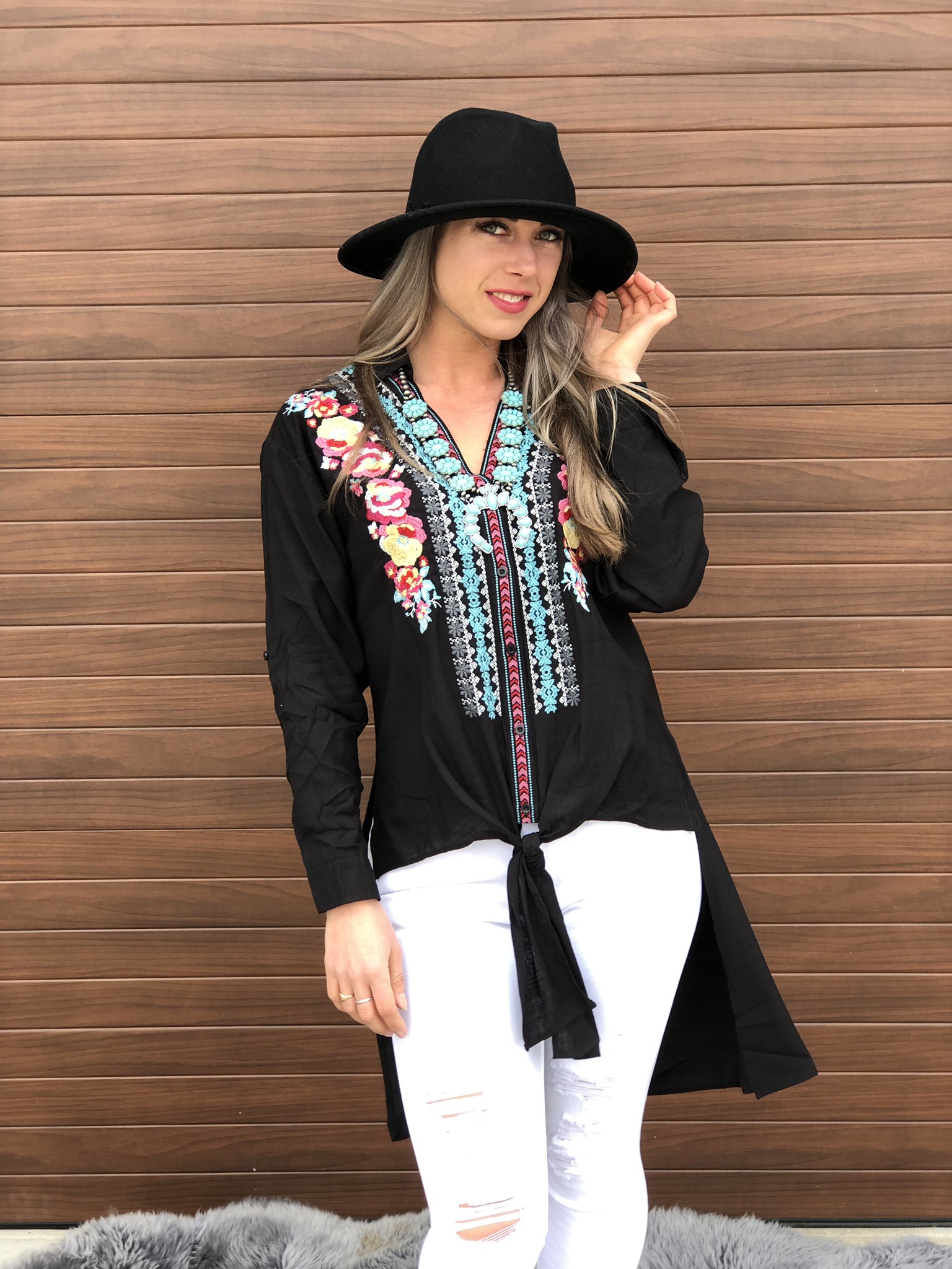Black Embroidered High Low Top 82195