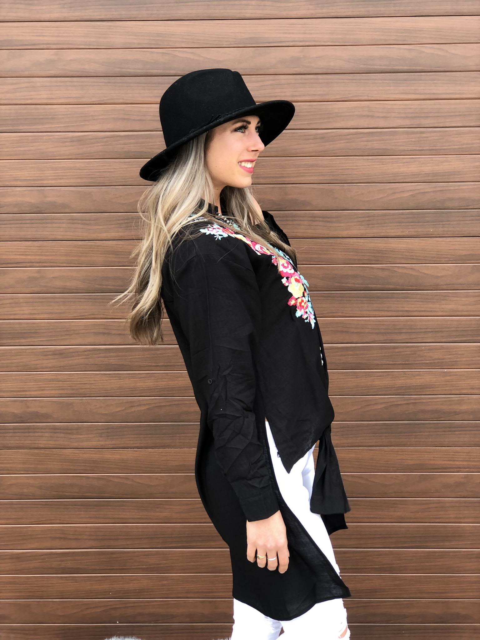 Black Embroidered High Low Top