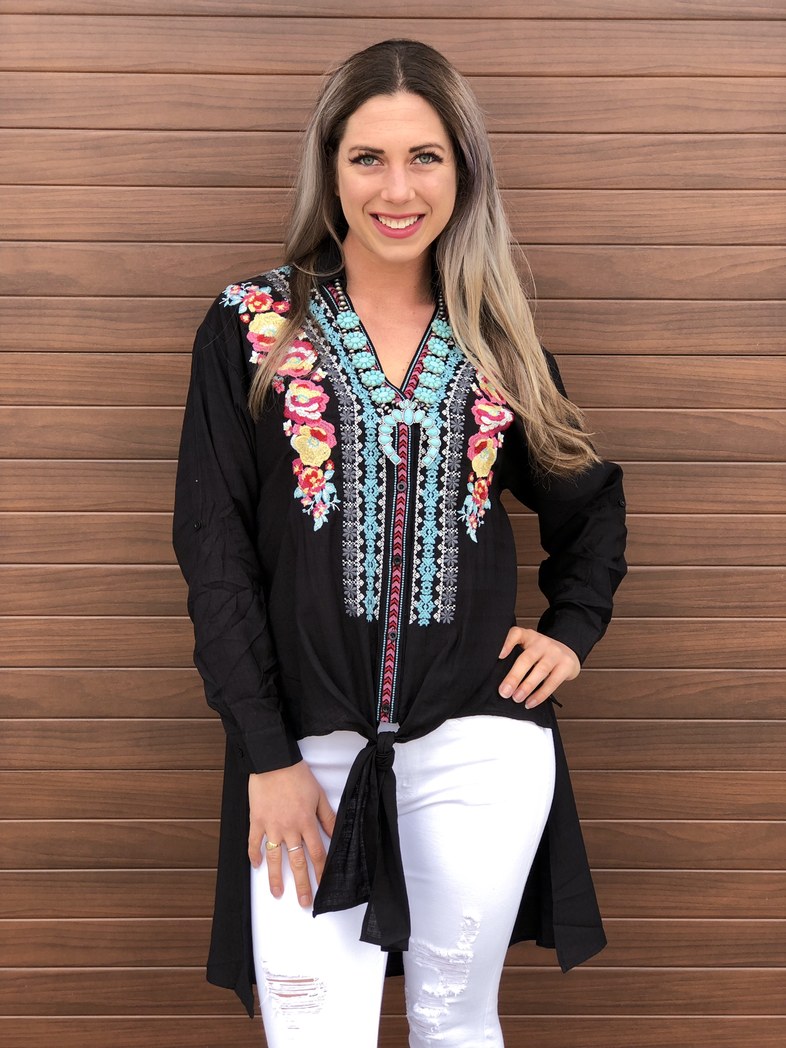 Black Embroidered High Low Top