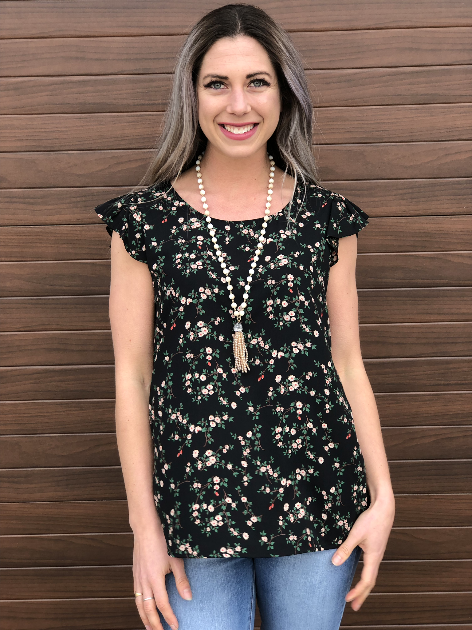 Black Floral Top with ruffle sleeve 82175