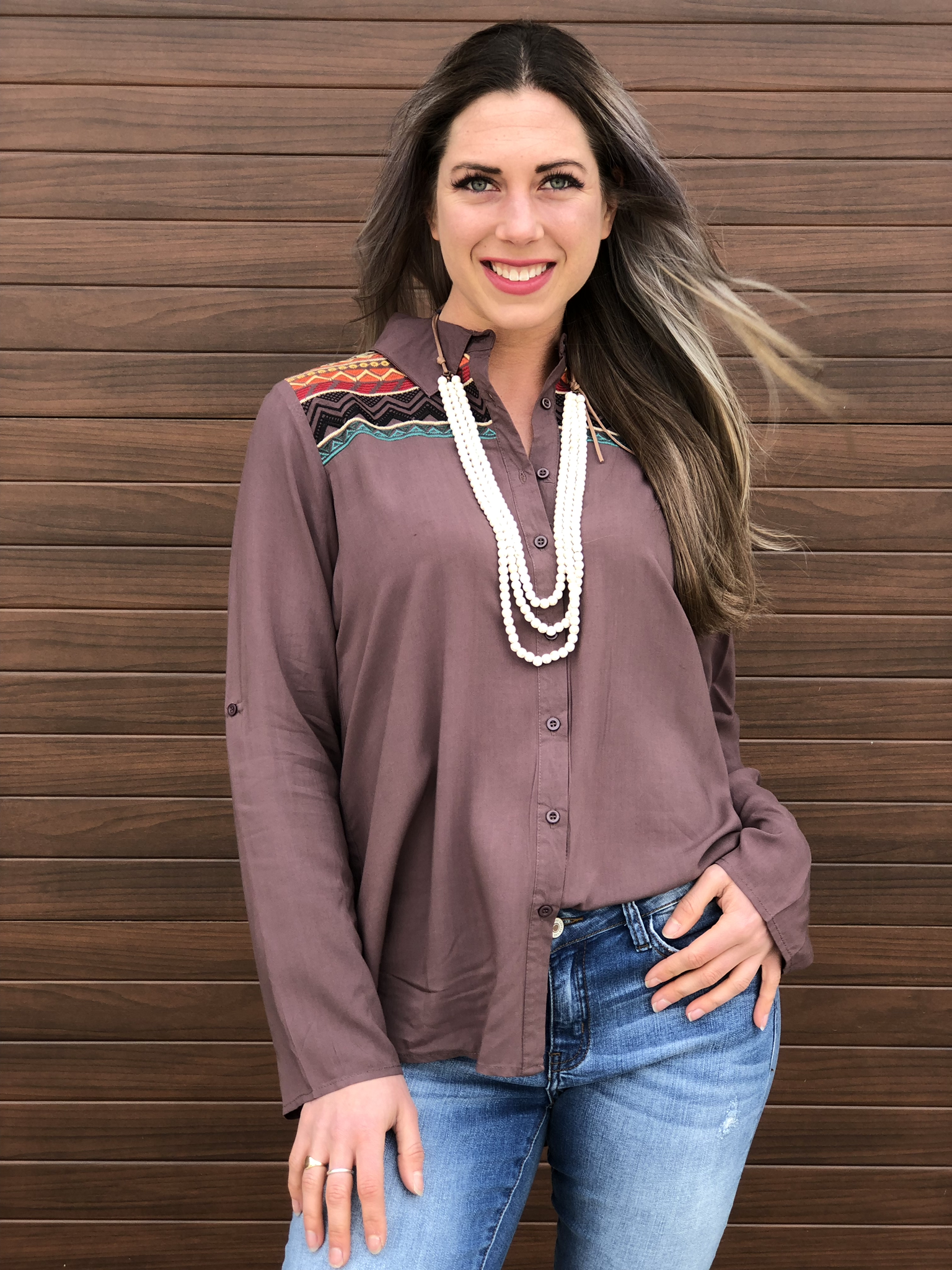 Brown Embroidered Button Up Top 82199