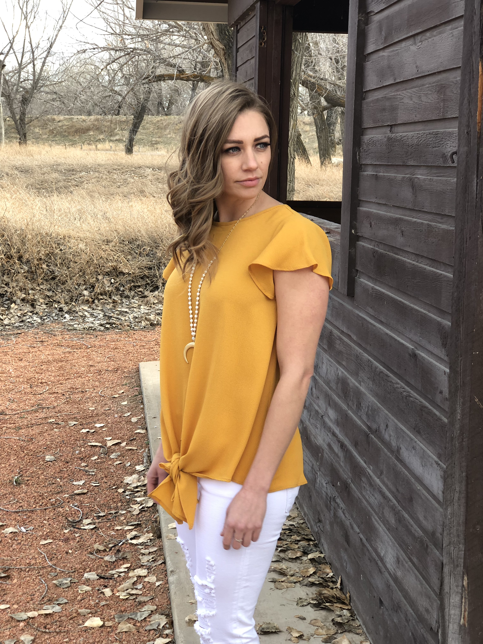 Mustard Tie Ruffle Top