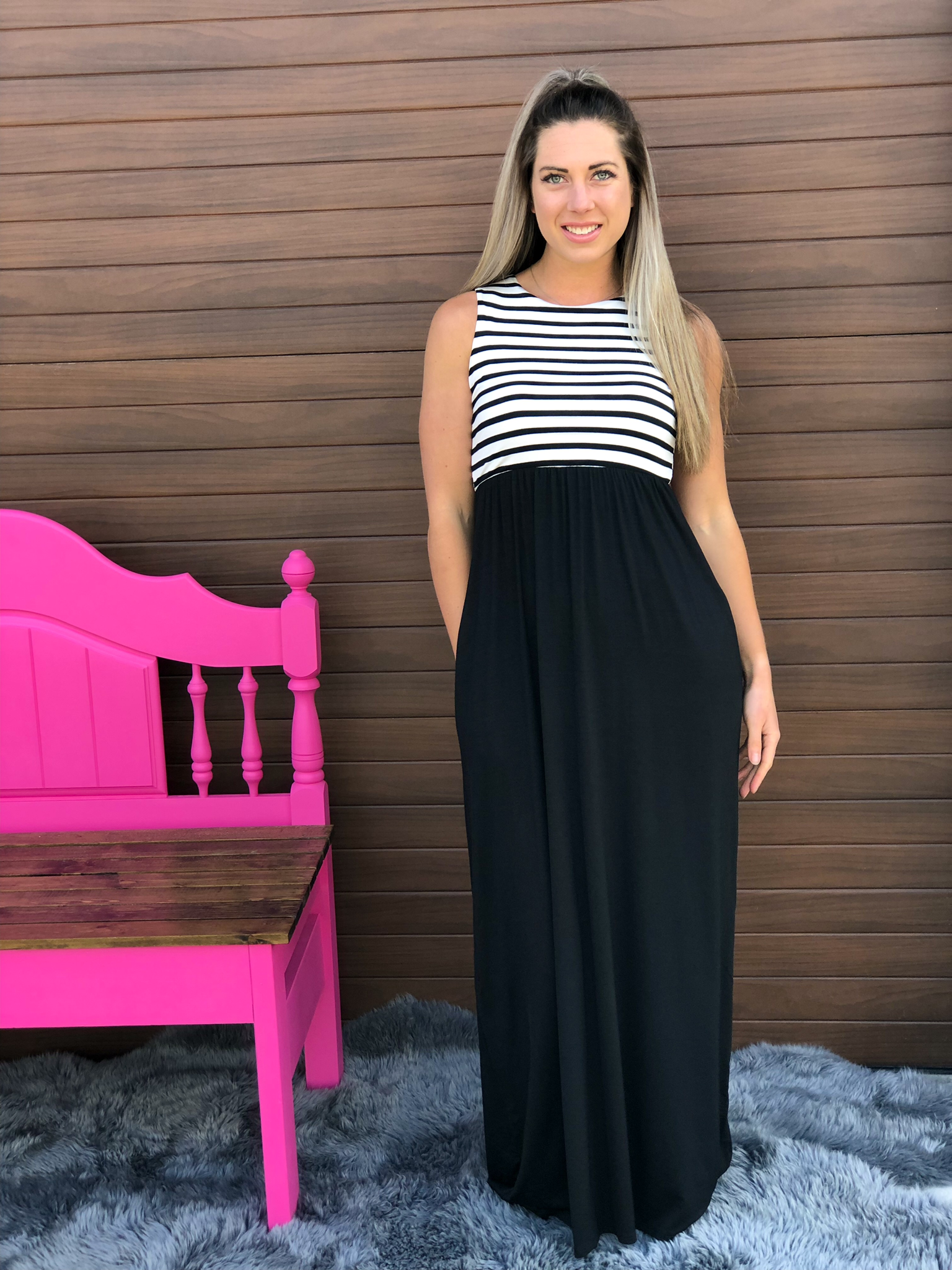Long Black and White Stripe Maxi Dress 82420