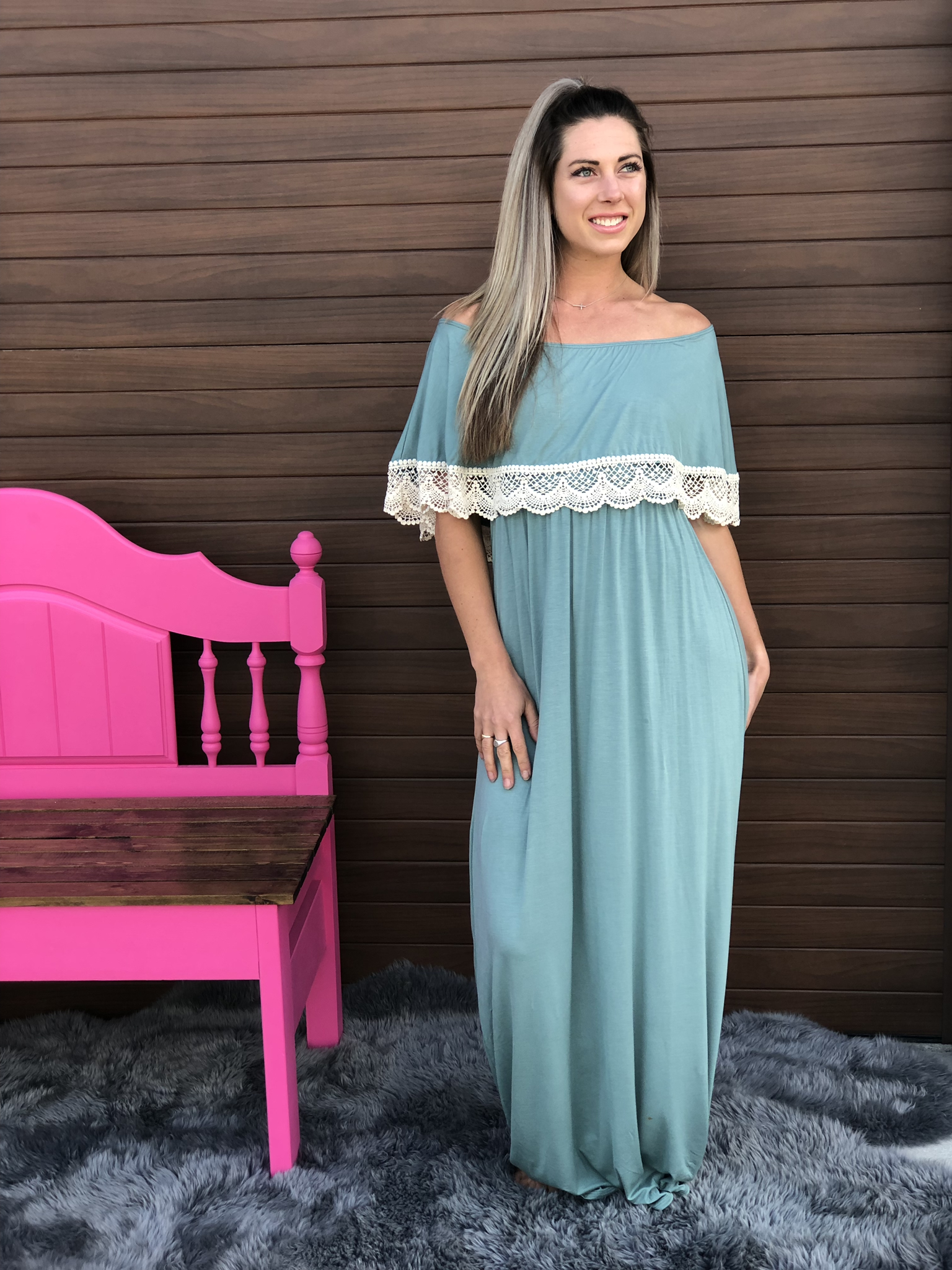 Sage Crochet Off Shoulder Maxi Dress 82424
