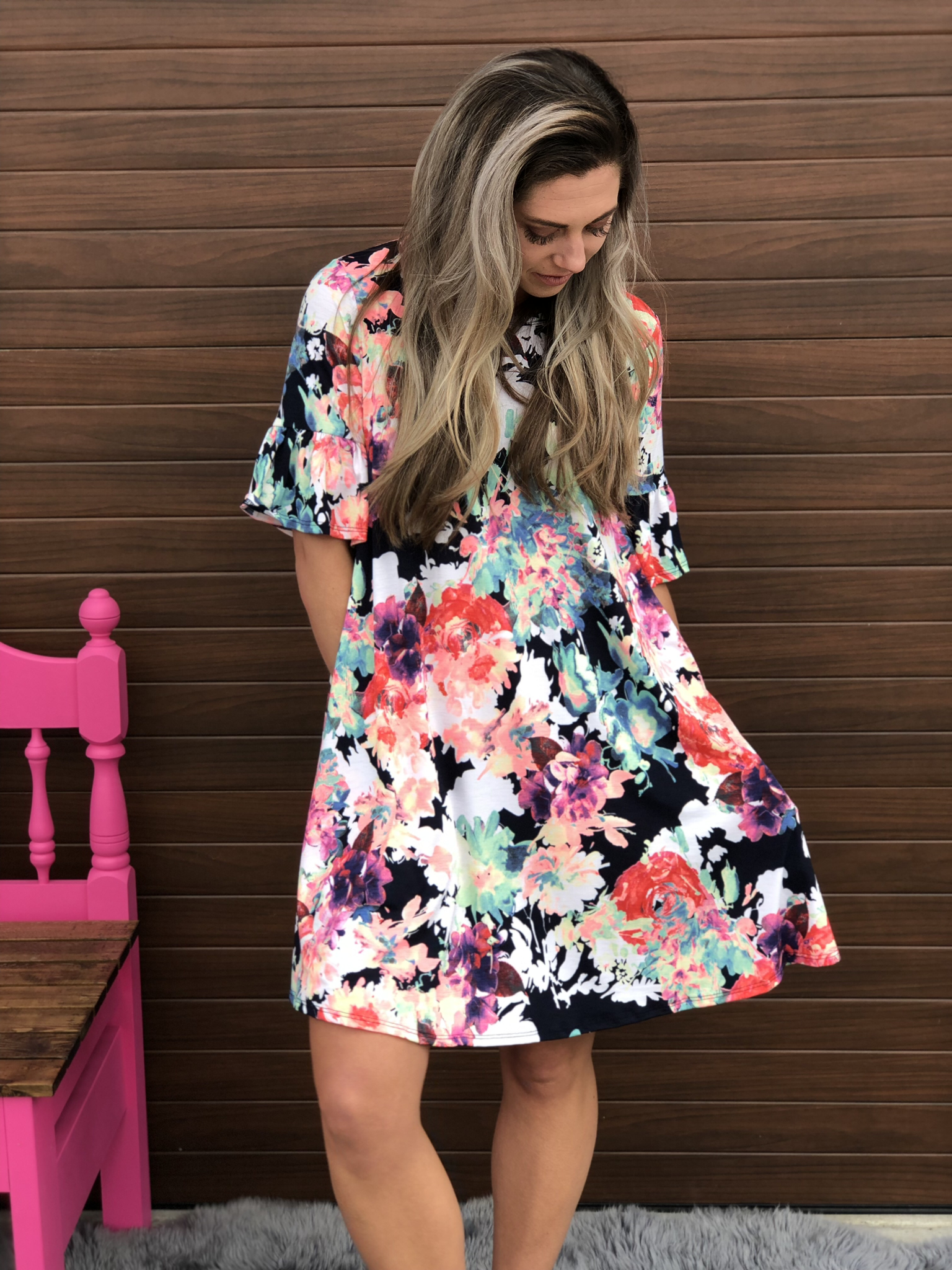Watercolor Dress with Ruffle Sleeve 82603