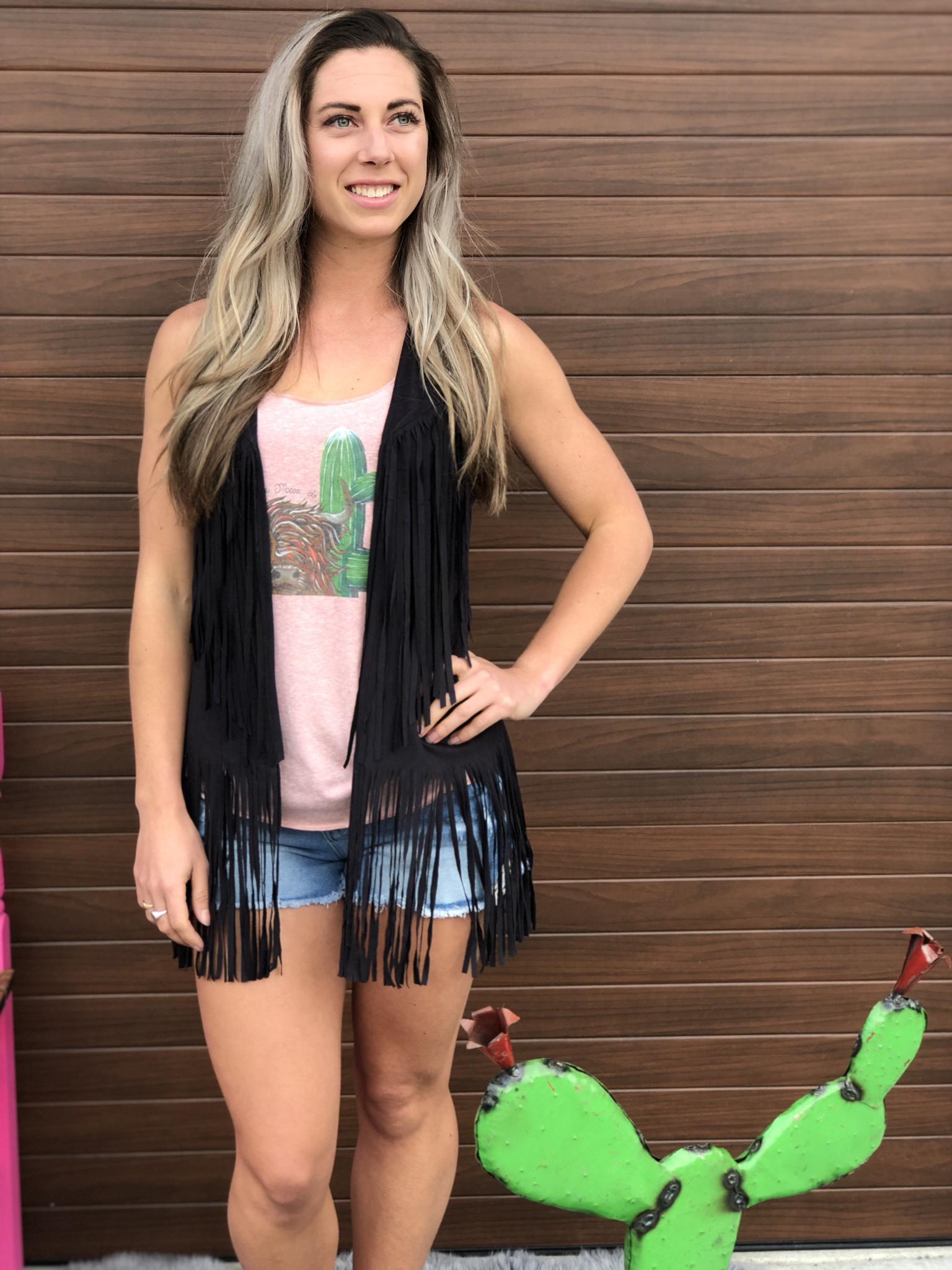 Black Faux Suede Fringe Vest 82154
