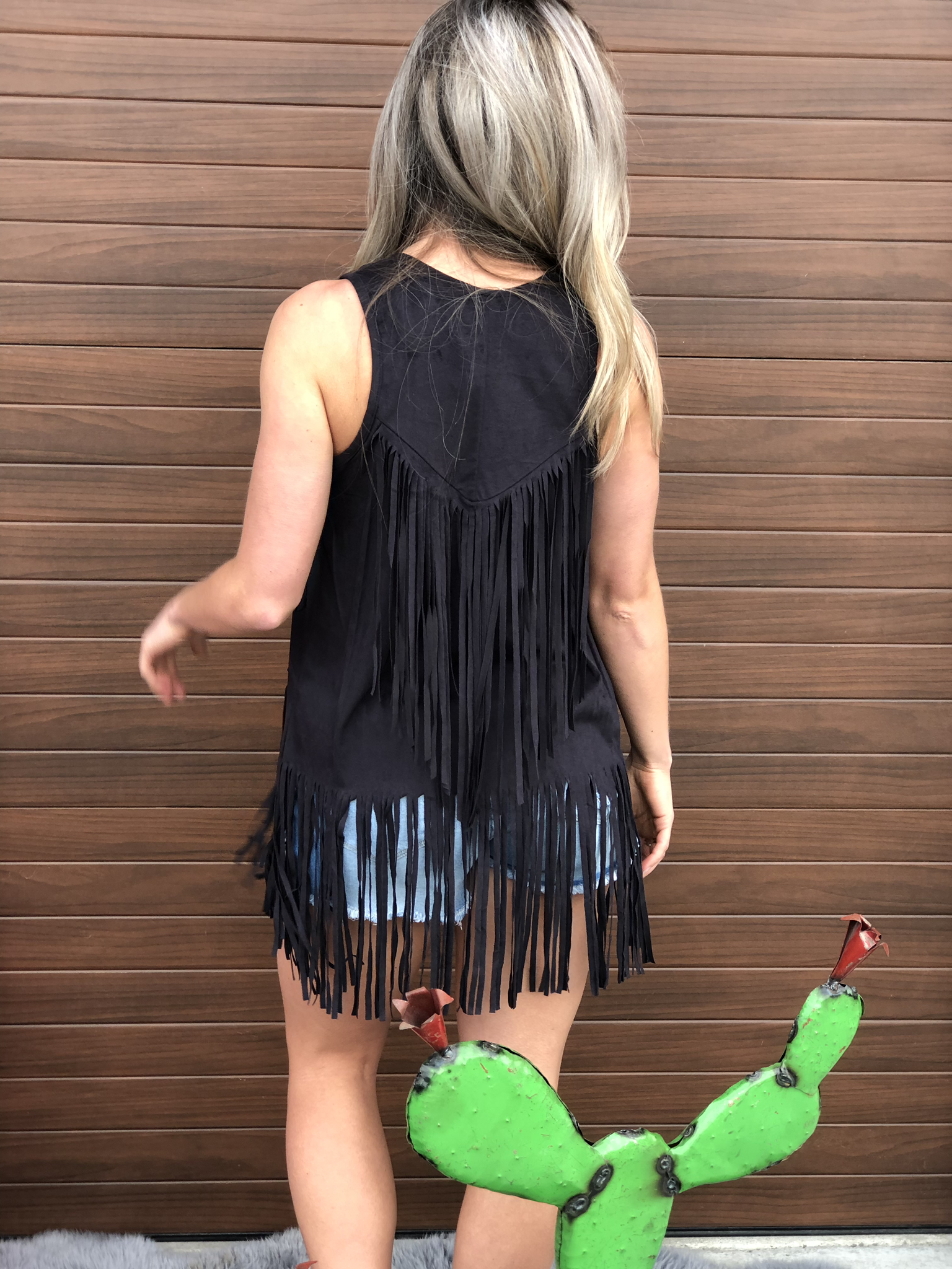 Black Faux Suede Fringe Vest