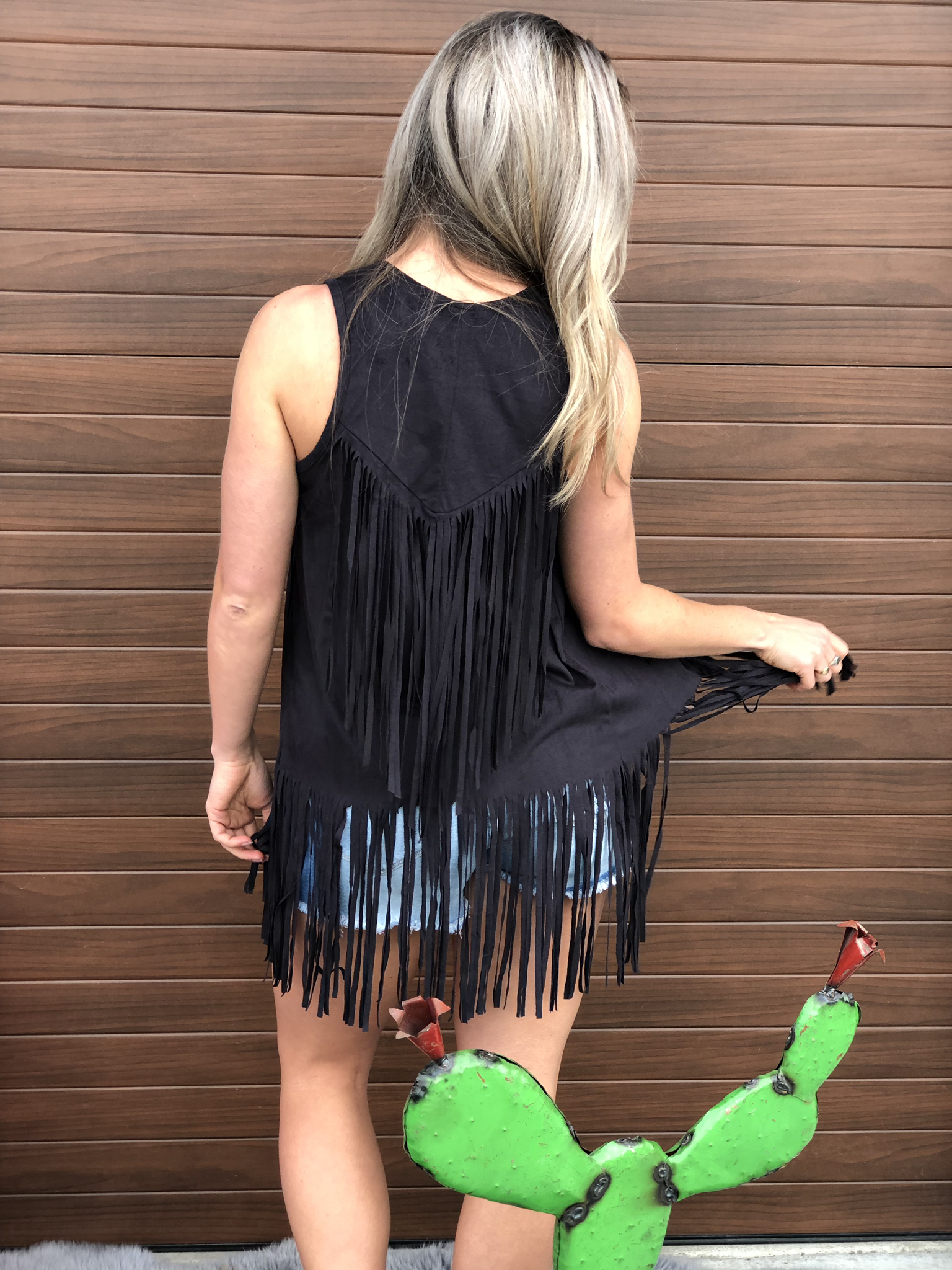 Black Faux Suede Fringe Vest