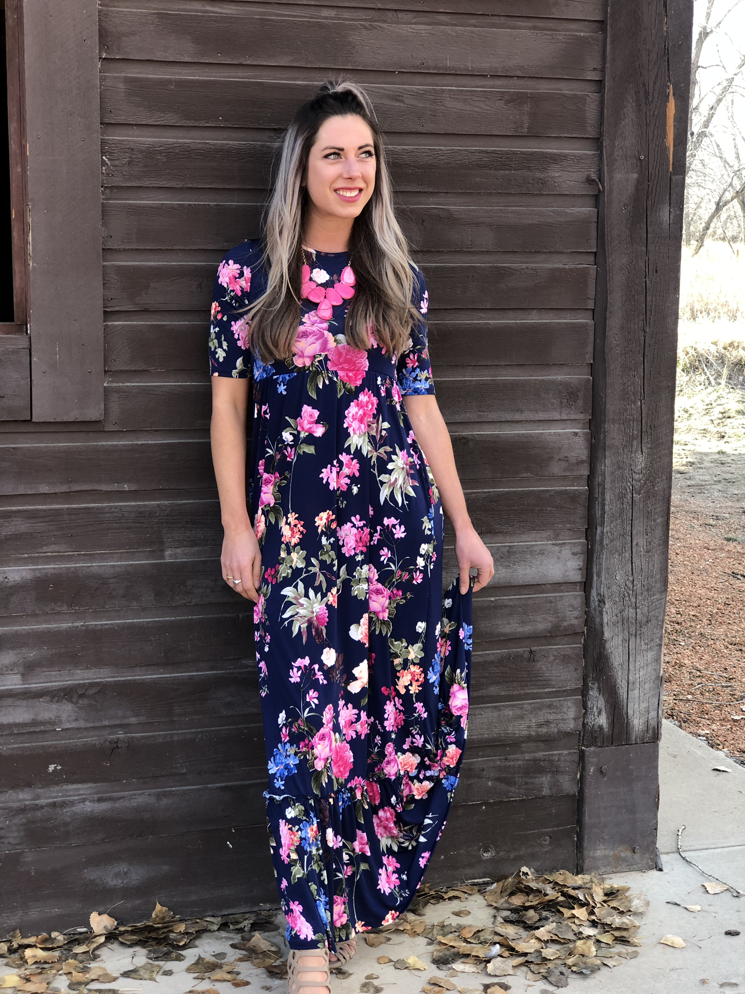Navy Floral Ruffle Maxi Dress