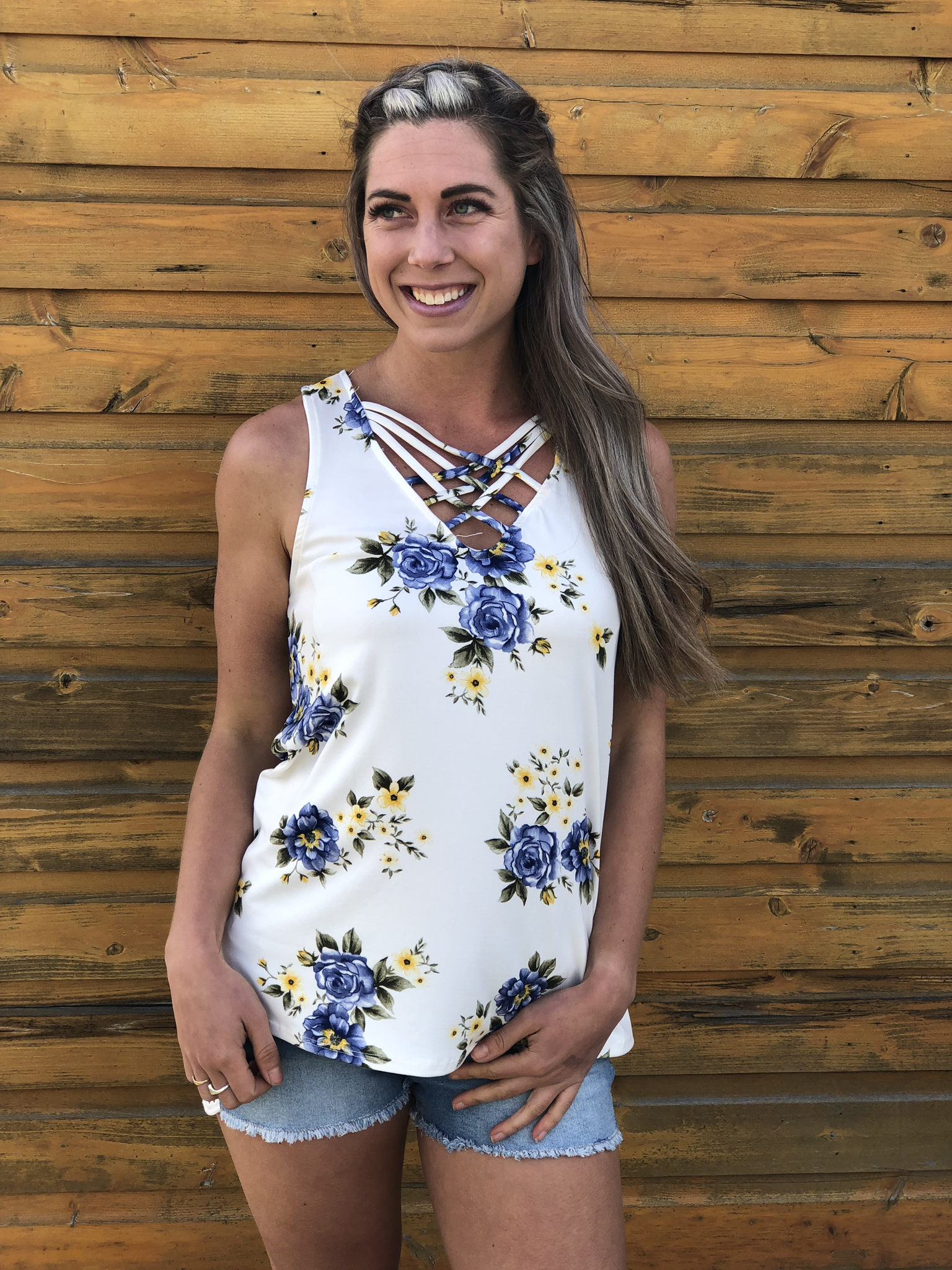 White Floral Strappy Tank Top 82878