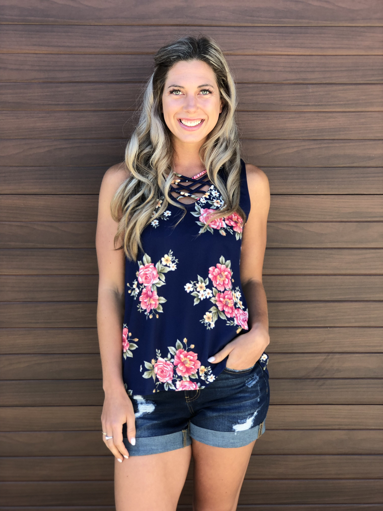 Blue Floral Strappy Tank Top 83203