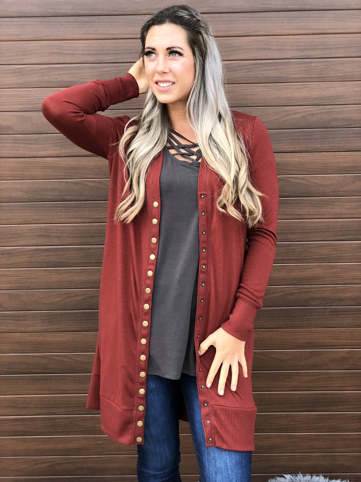 Long Snap Cardigan - Rust 83503