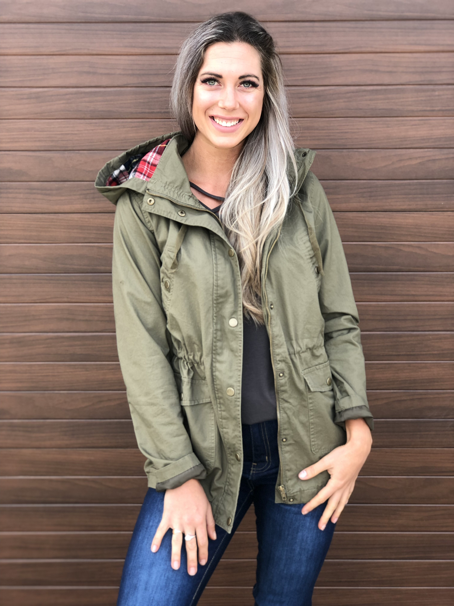 Cargo jacket with plaid accent 83380
