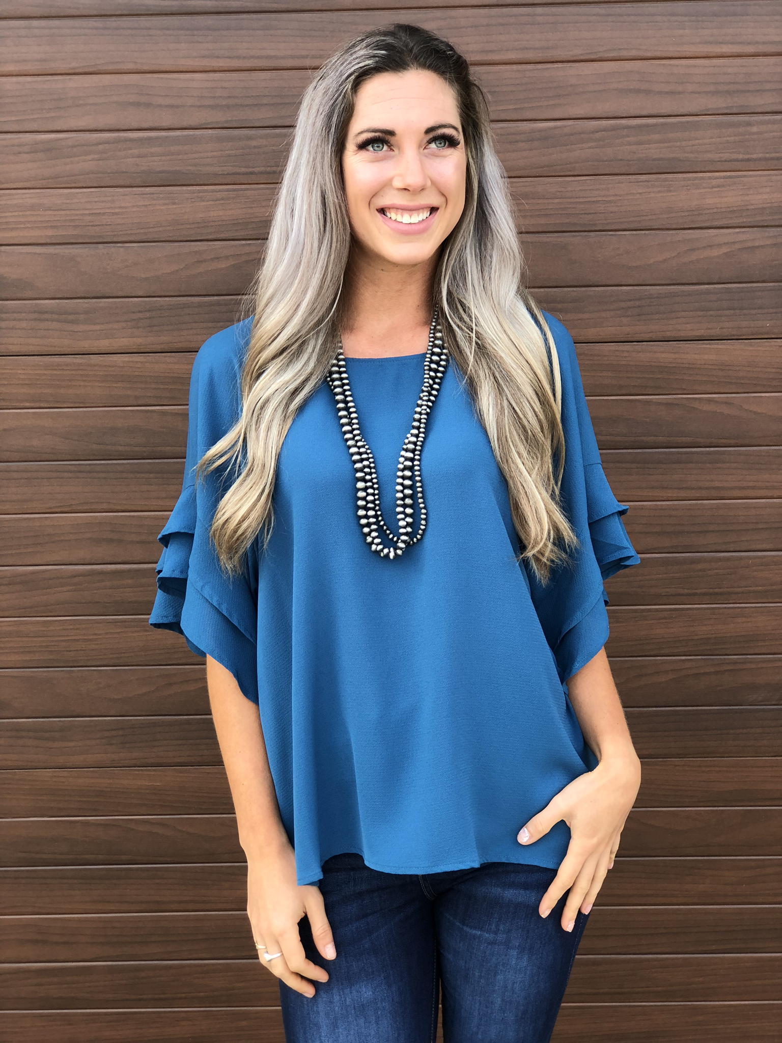 The Kelowna Shift Ruffle Top - Teal 83336