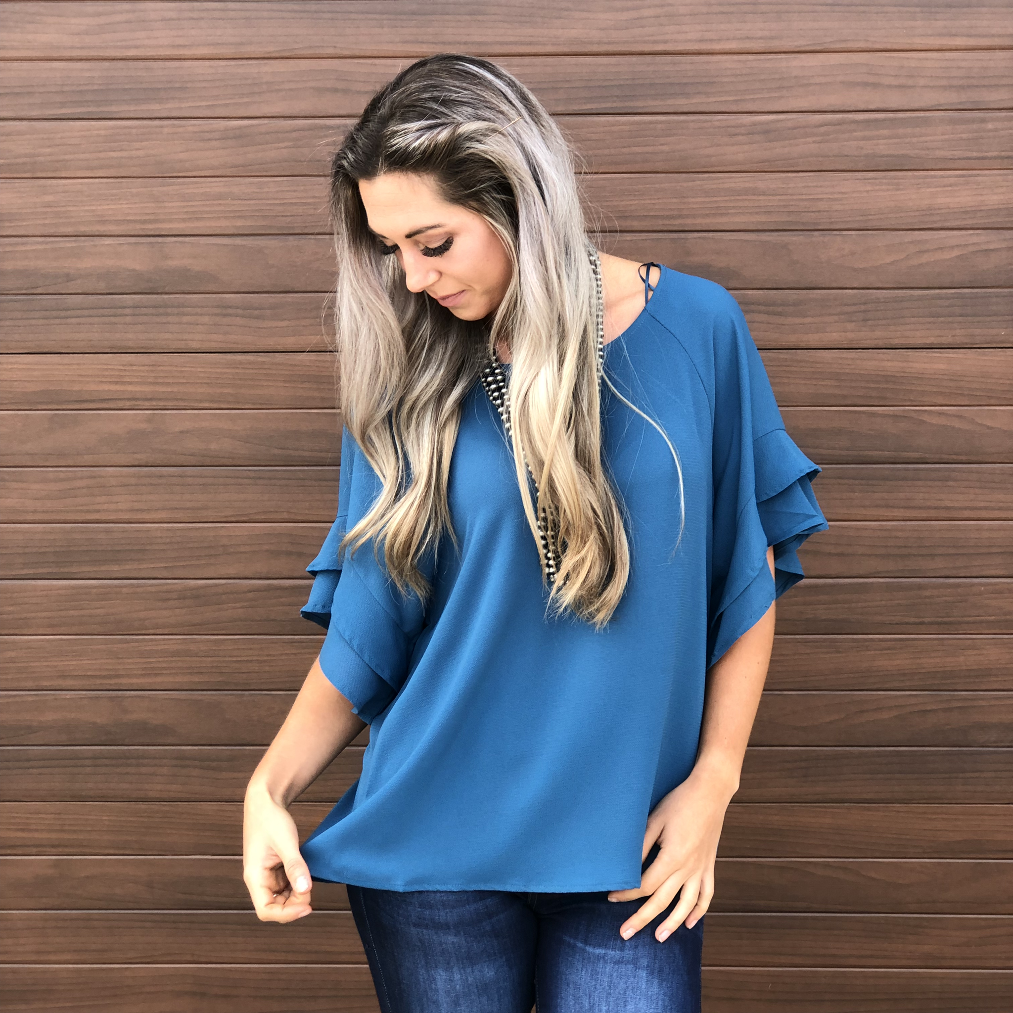 The Kelowna Shift Ruffle Top - Teal