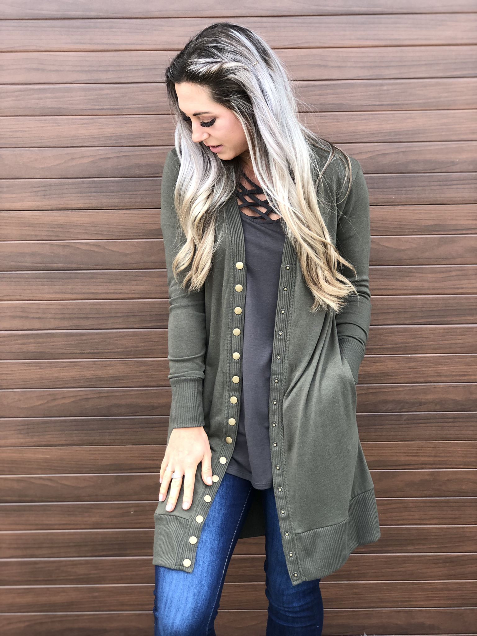 Long Snap Cardigan - Olive 83508