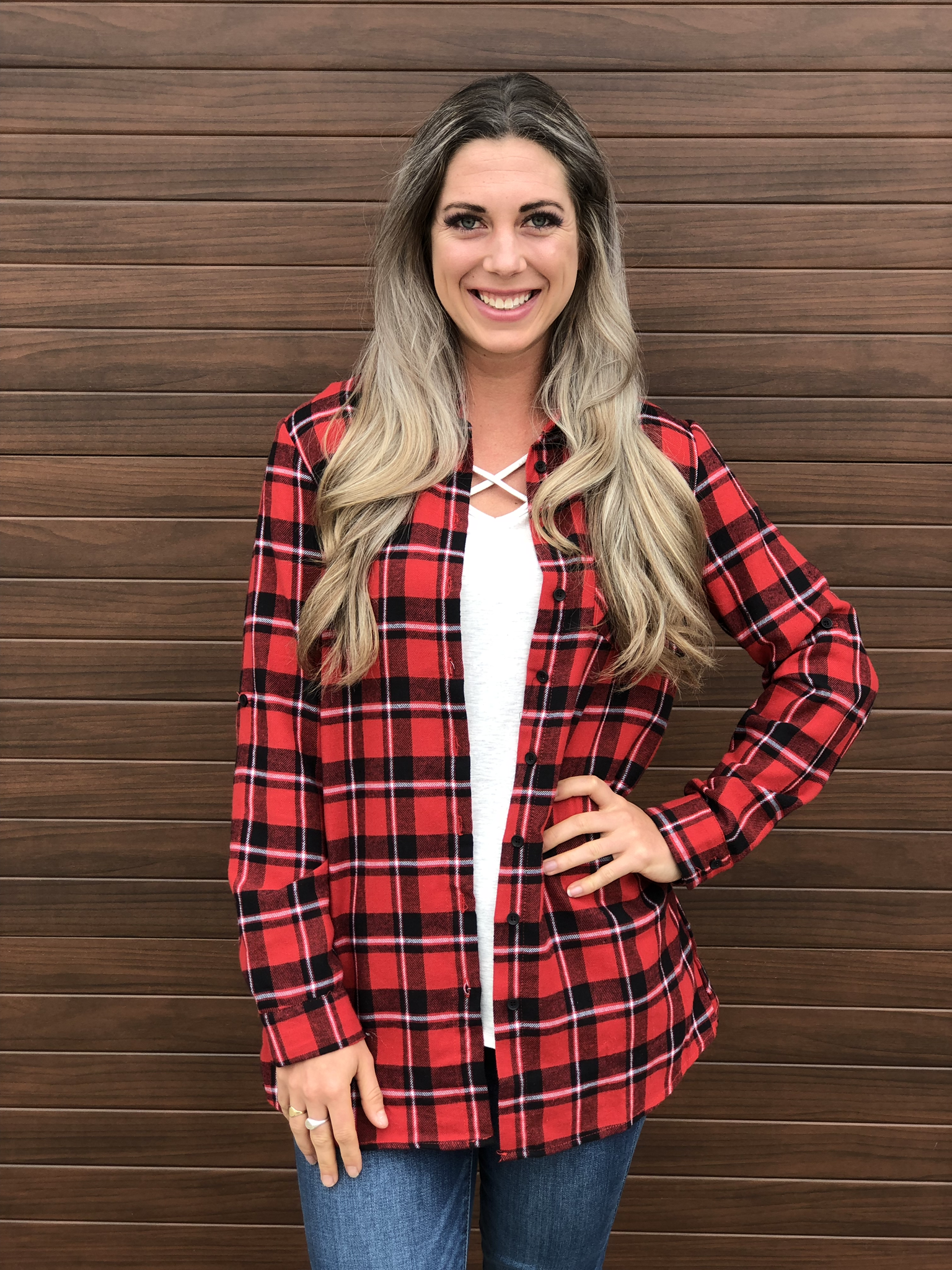 Festive Plaid Top with Pockets 999999857