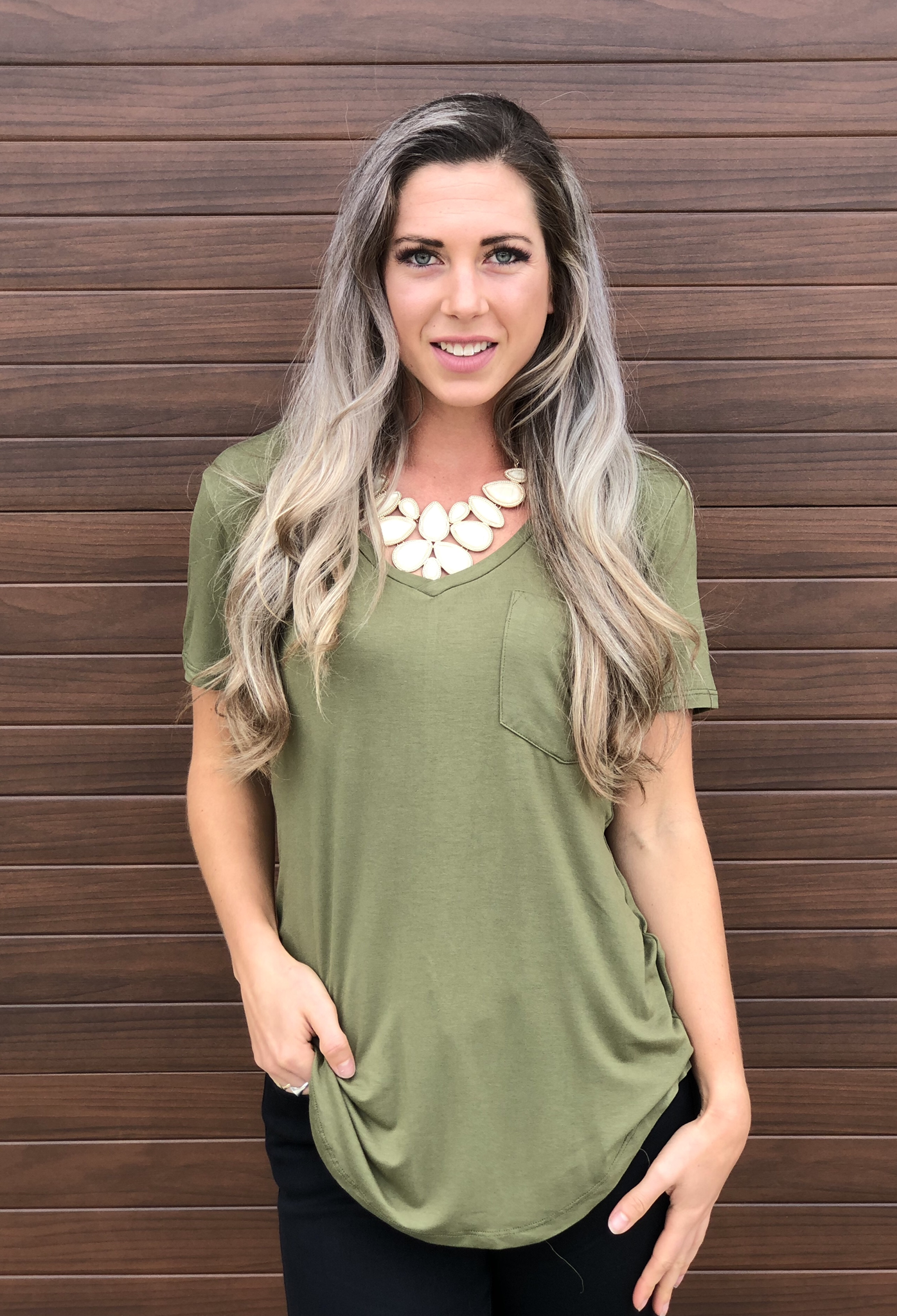 Premium Basic V Neck Pocket Tee - Olive 83638