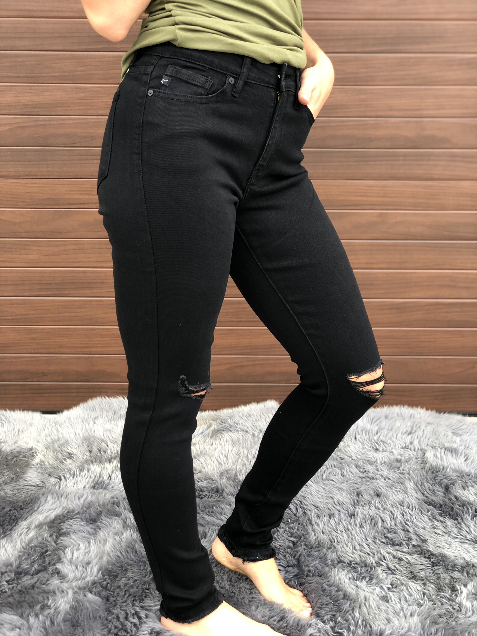 Black Skinny Kan Can Skinny Jean with Knee Distressing