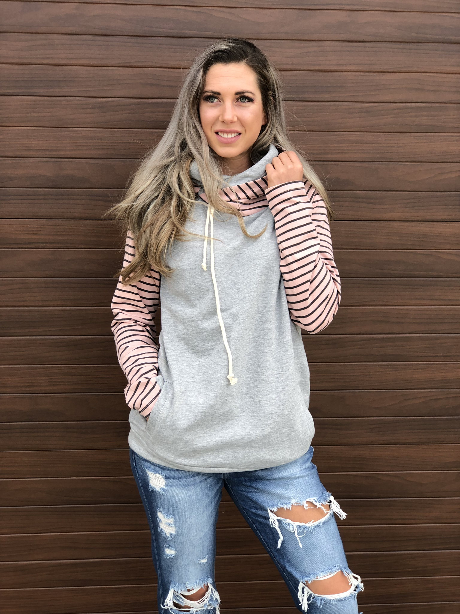 Blush Pink Stripe Double Hoodie 83671