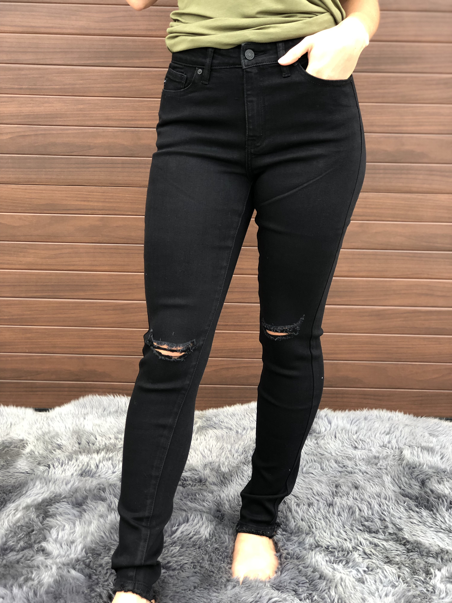 Black Skinny Kan Can Skinny Jean with Knee Distressing 83619