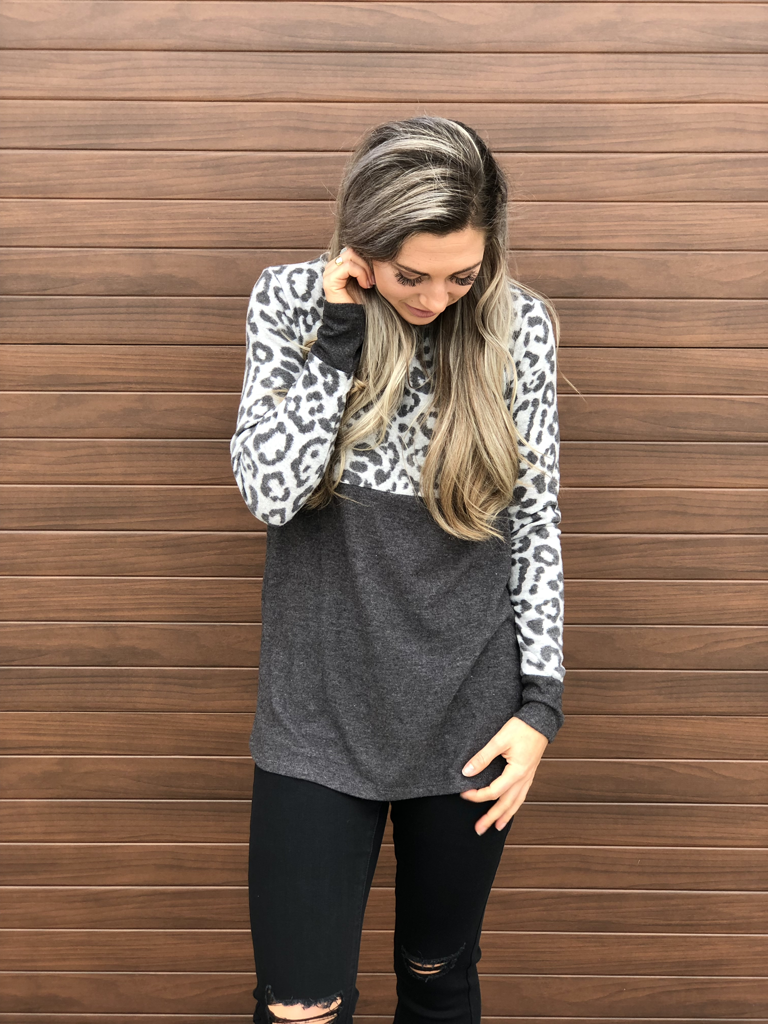 Grey Color Block Cheetah Print Sweater
