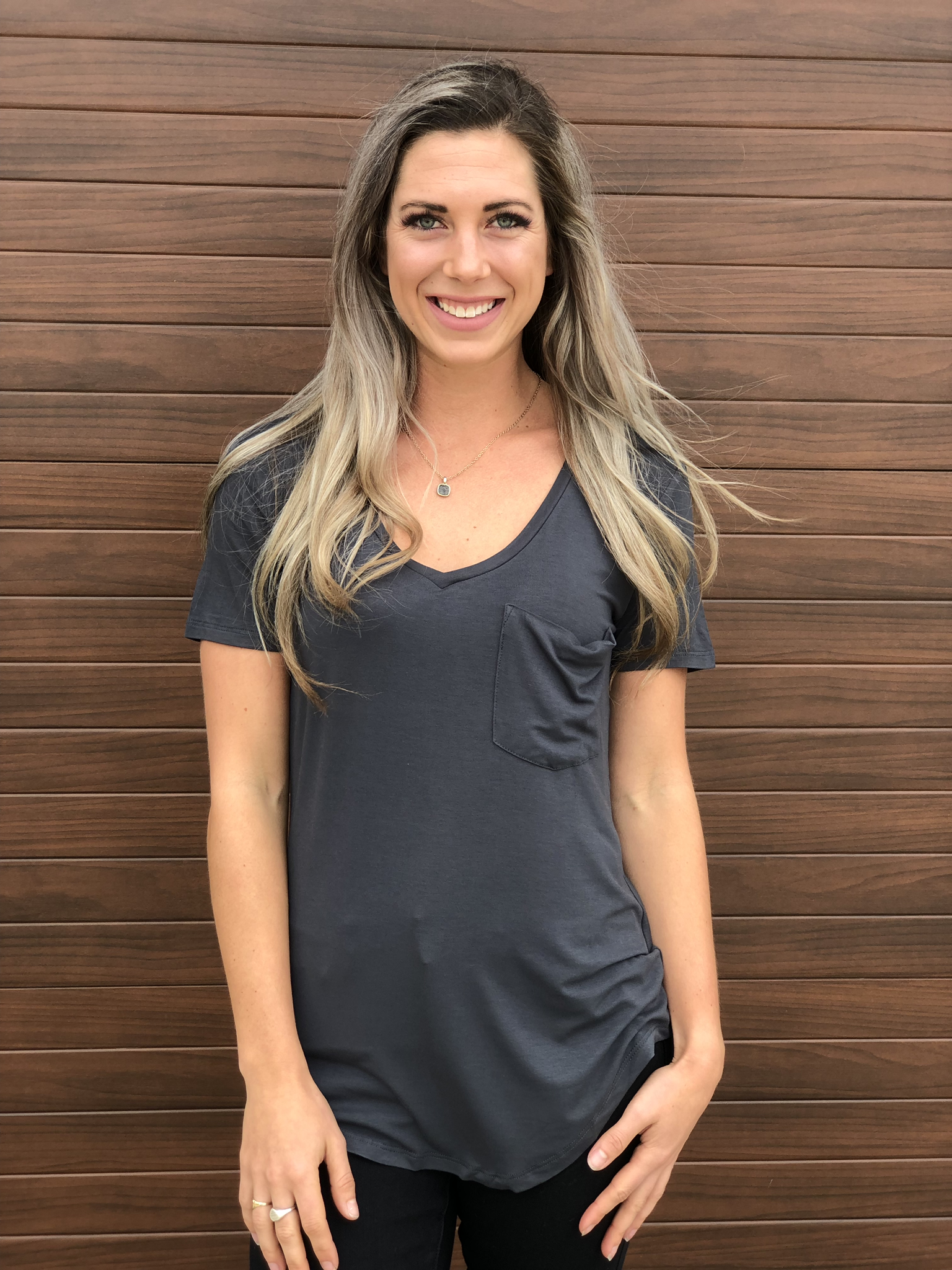 Premium Basic V Neck Pocket Tee - Slate 83653