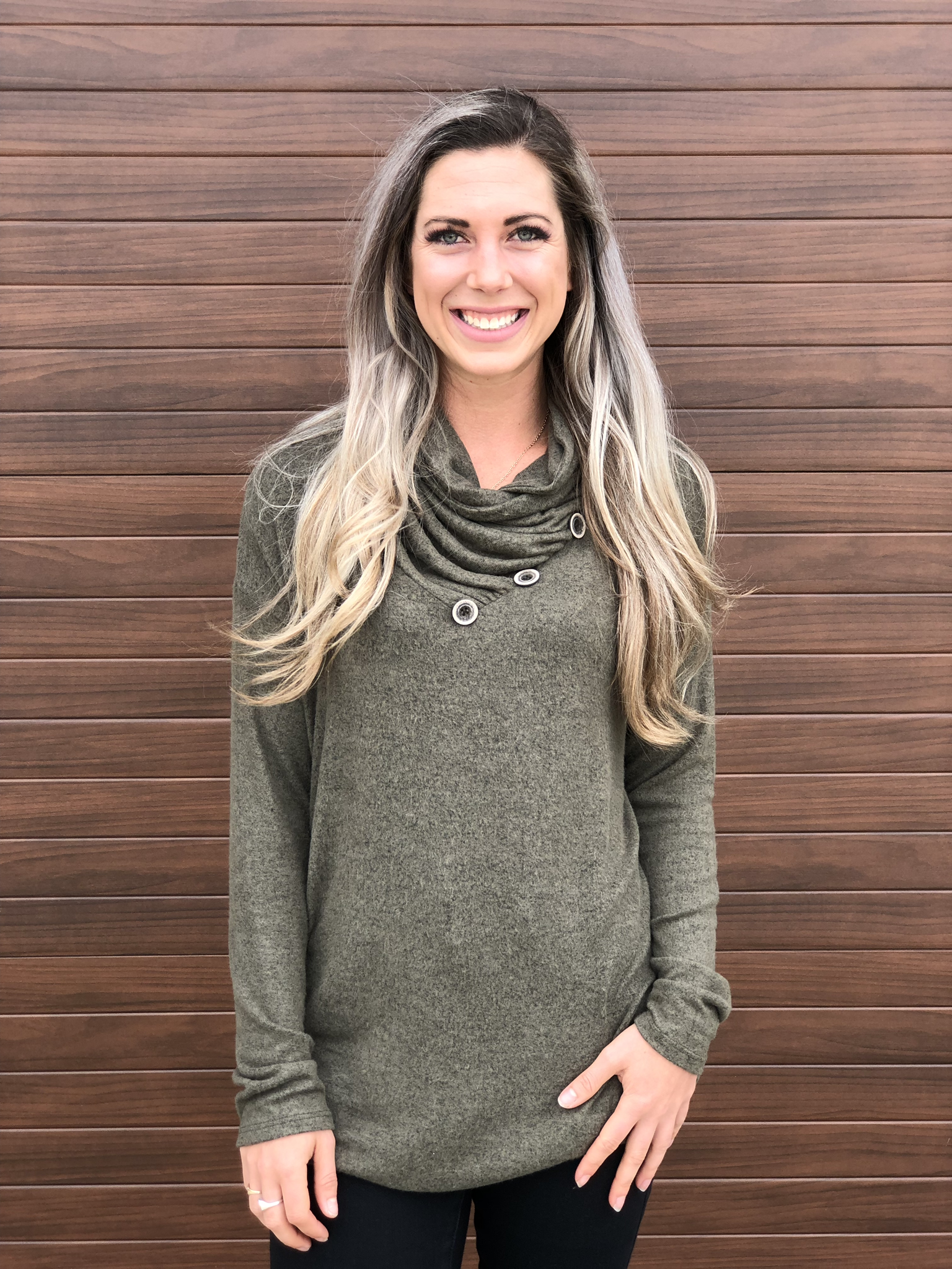 Cowl Button Sweatshirt Sweater - Olive 83699
