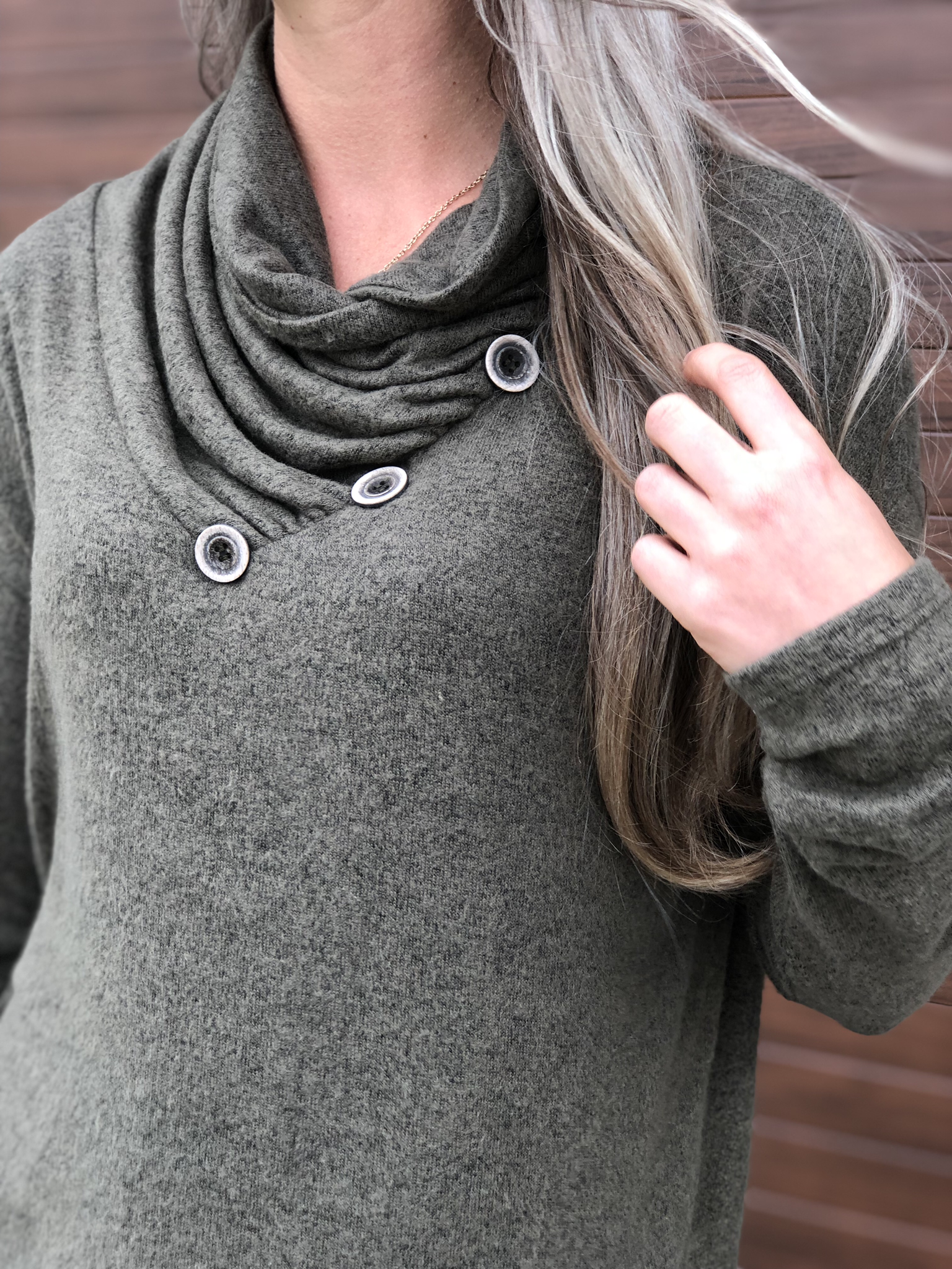 Cowl Button Sweatshirt Sweater - Olive