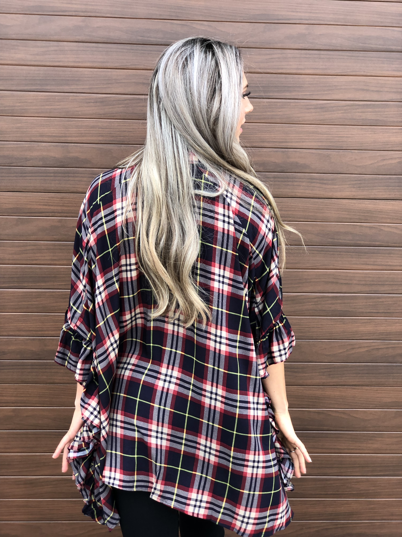 Button Up Plaid Ruffle Detail Top