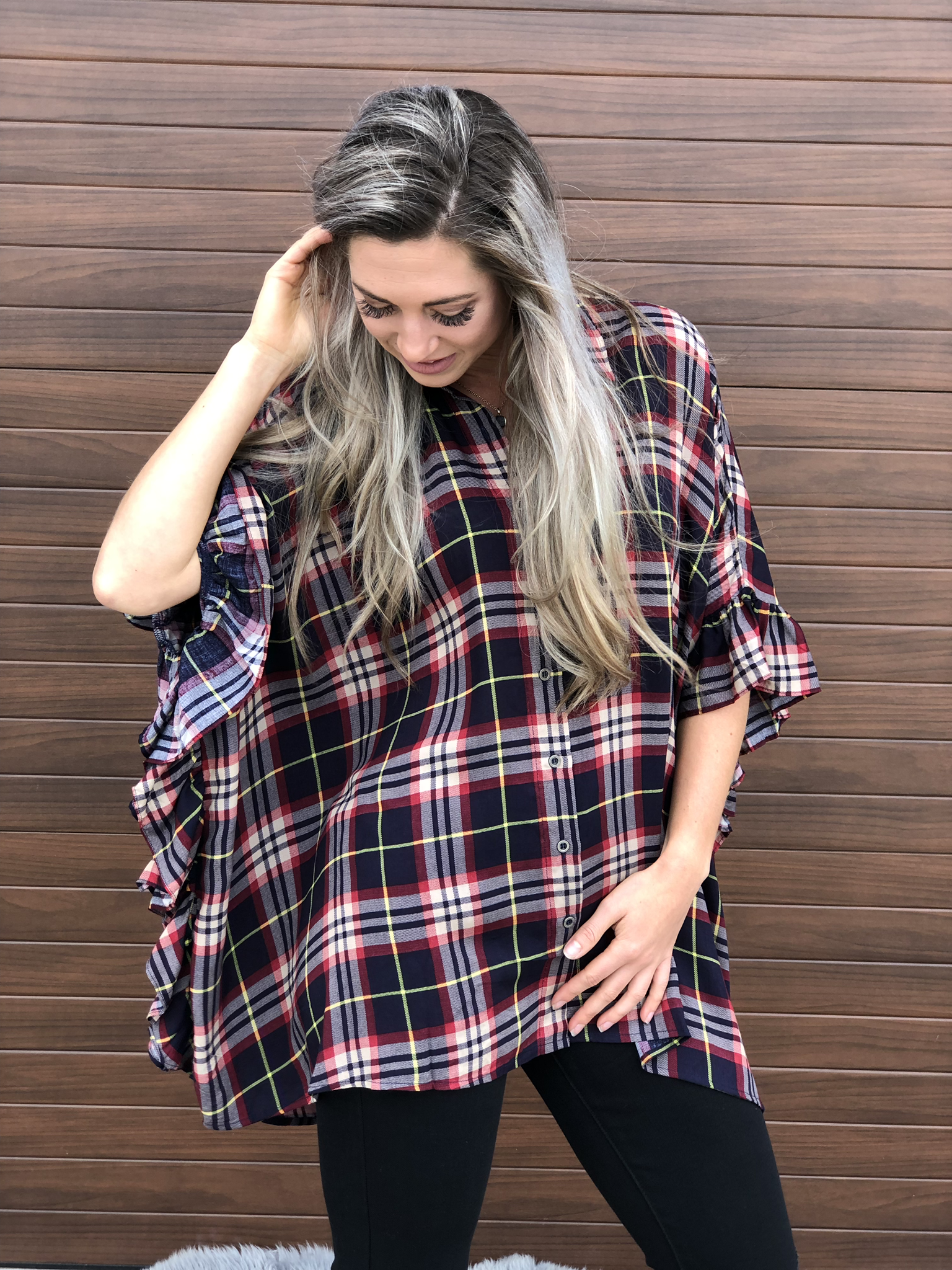 Button Up Plaid Ruffle Detail Top